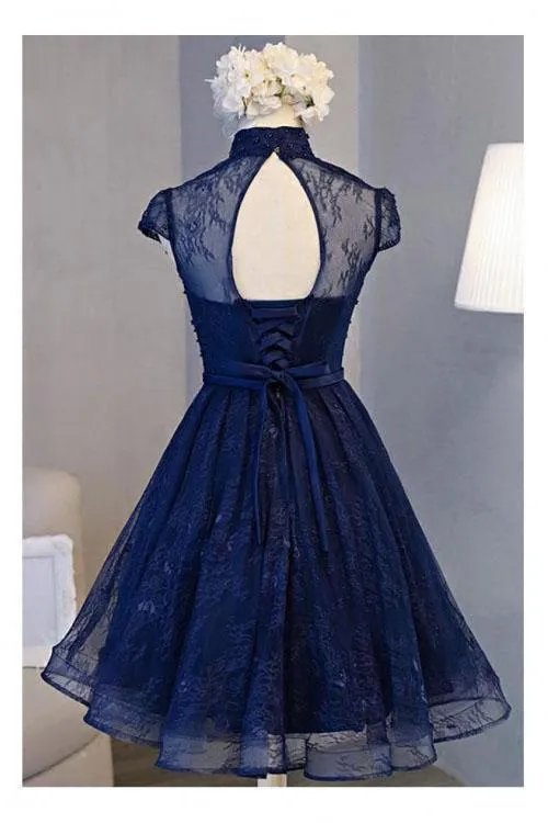 A Line Navy Blue Short High Neck Lace Open Back Cap Sleeve Mini Lace-up Homecoming Dresses