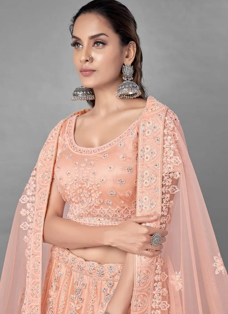 Amazing Peach Color Soft Net Base With Heavy Work Bridal Wear Lehenga Choli