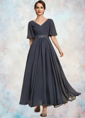 Aurora A-Line V-neck Ankle-Length Chiffon Mother of the Bride Dress With Ruffle Beading Sequins STK126P0014564