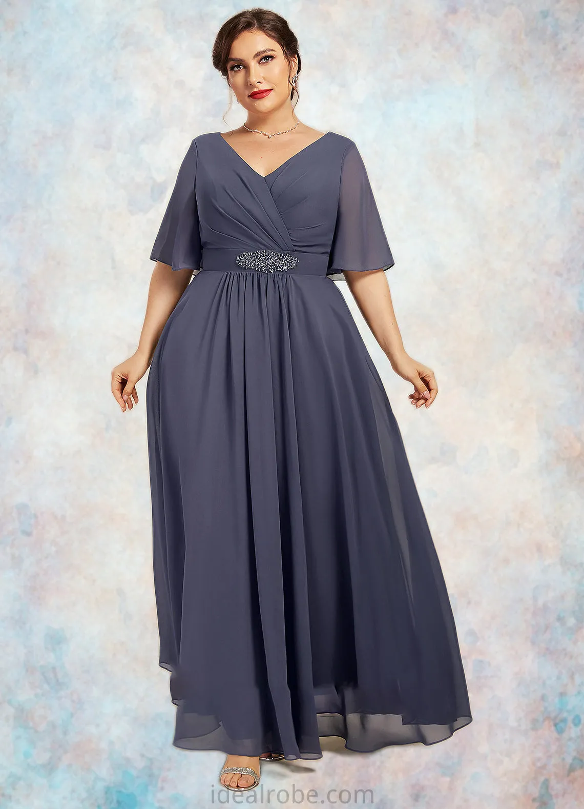 Aurora A-Line V-neck Ankle-Length Chiffon Mother of the Bride Dress With Ruffle Beading Sequins STK126P0014564