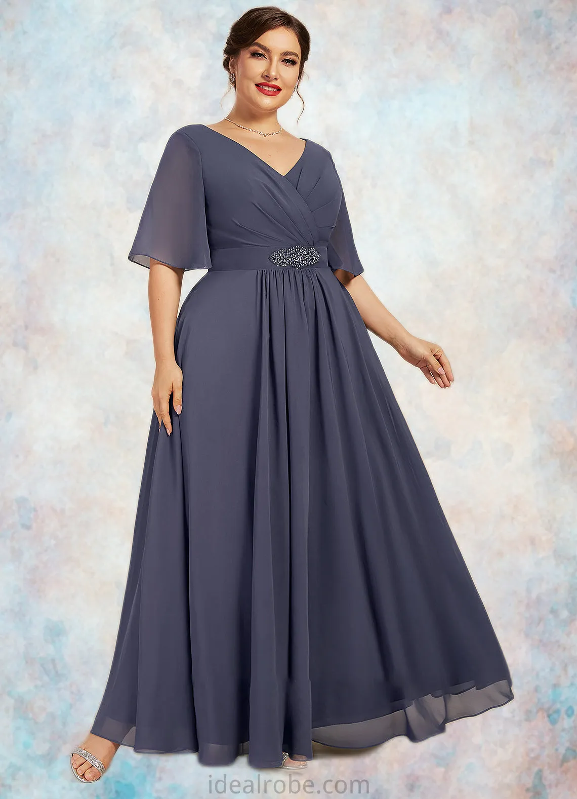 Aurora A-Line V-neck Ankle-Length Chiffon Mother of the Bride Dress With Ruffle Beading Sequins STK126P0014564