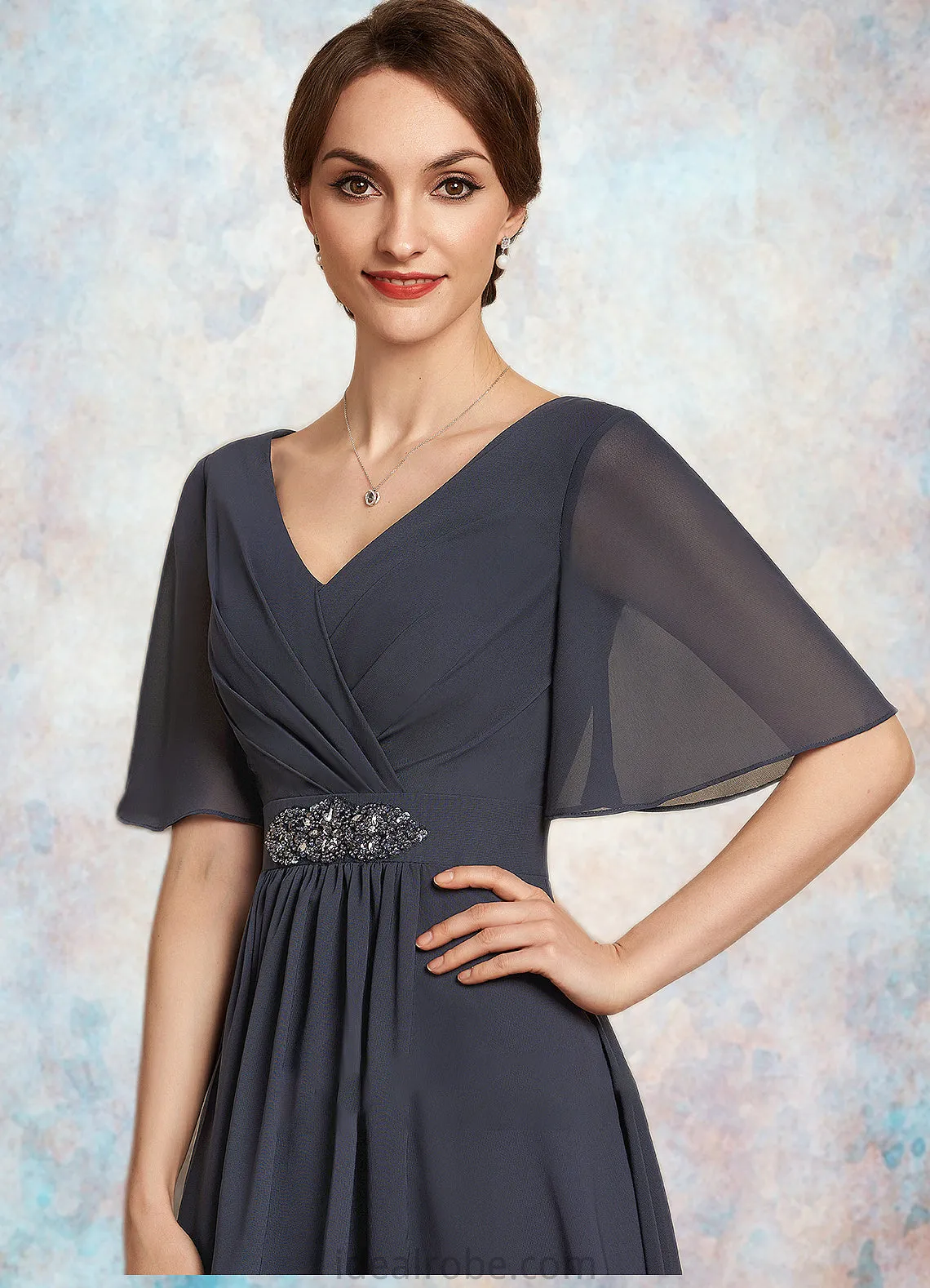 Aurora A-Line V-neck Ankle-Length Chiffon Mother of the Bride Dress With Ruffle Beading Sequins STK126P0014564