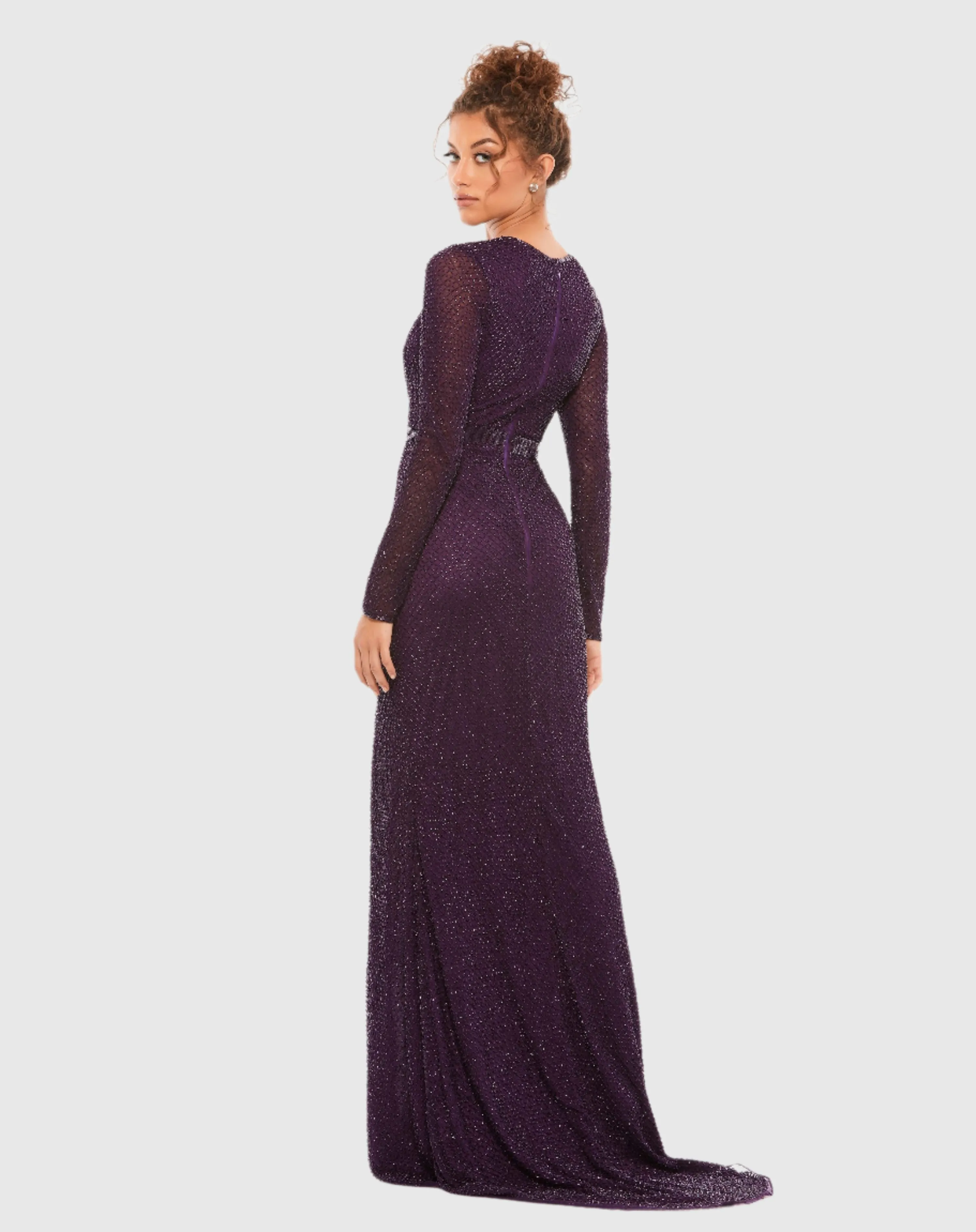 Beaded High Neck Long Sleeve Gown With Detailed Belt