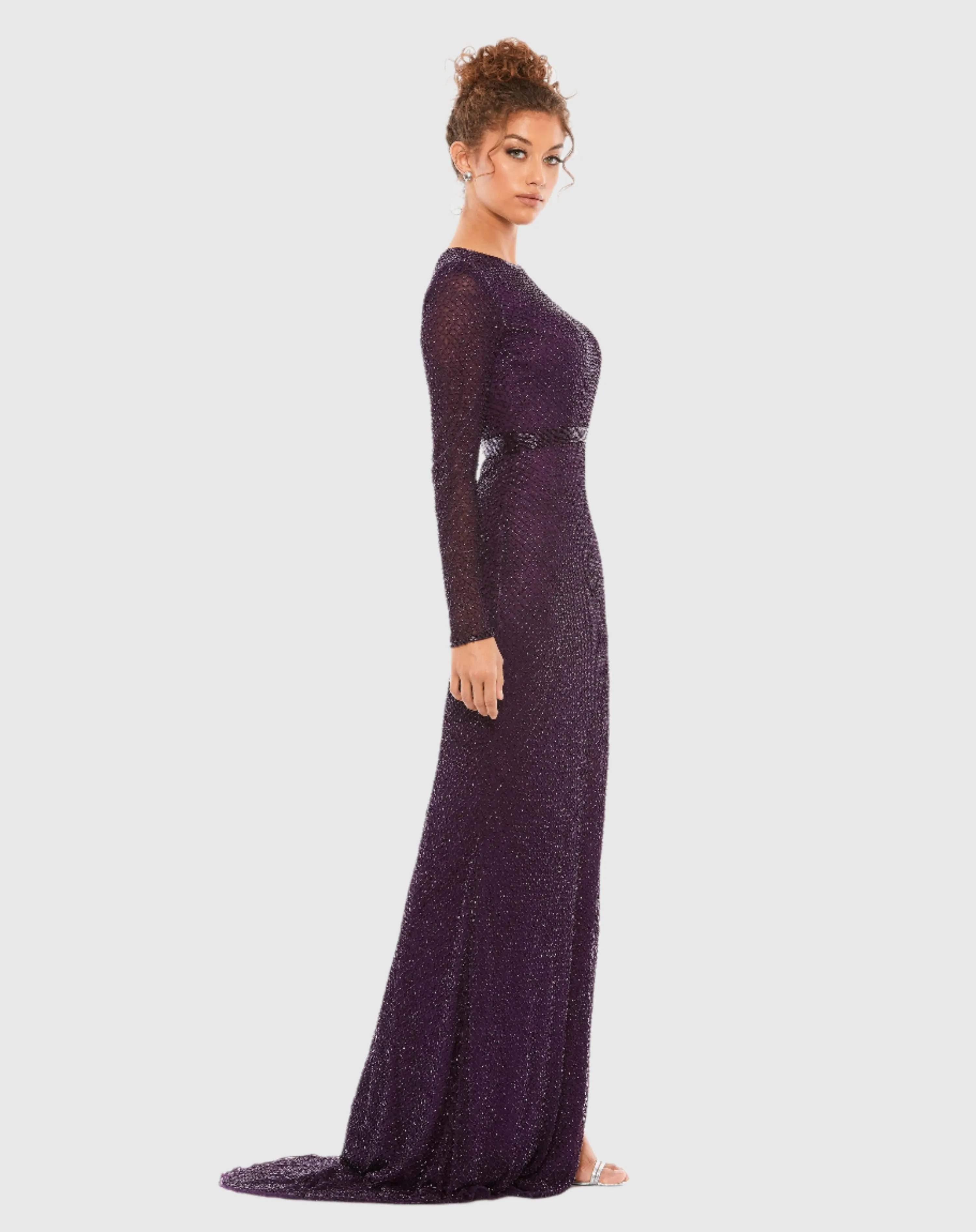 Beaded High Neck Long Sleeve Gown With Detailed Belt