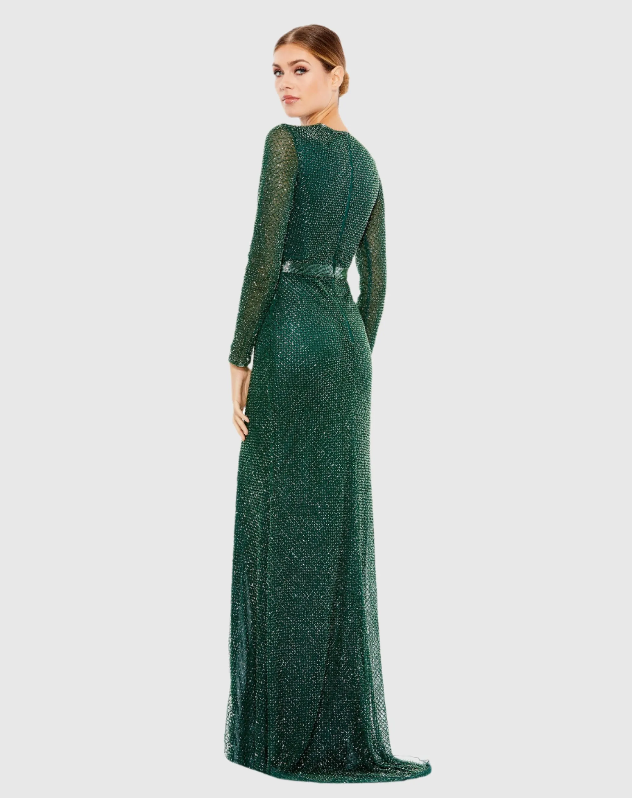 Beaded High Neck Long Sleeve Gown With Detailed Belt