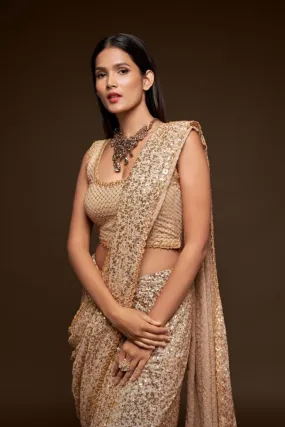 Beige Color Sequined Georgette Party Wear Saree - Rent