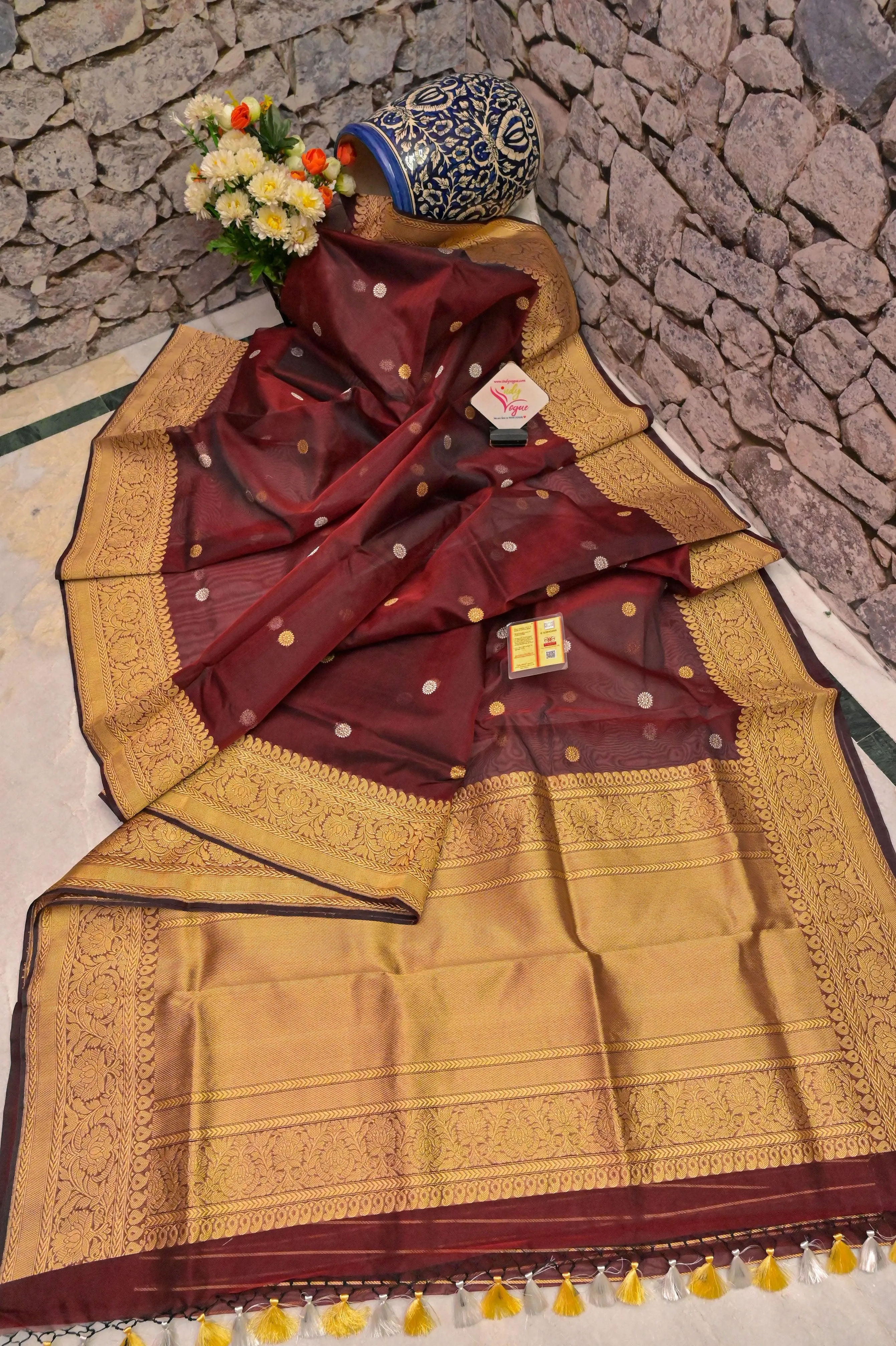 Belgian Chocolate Color Kora Organza Banarasi Saree