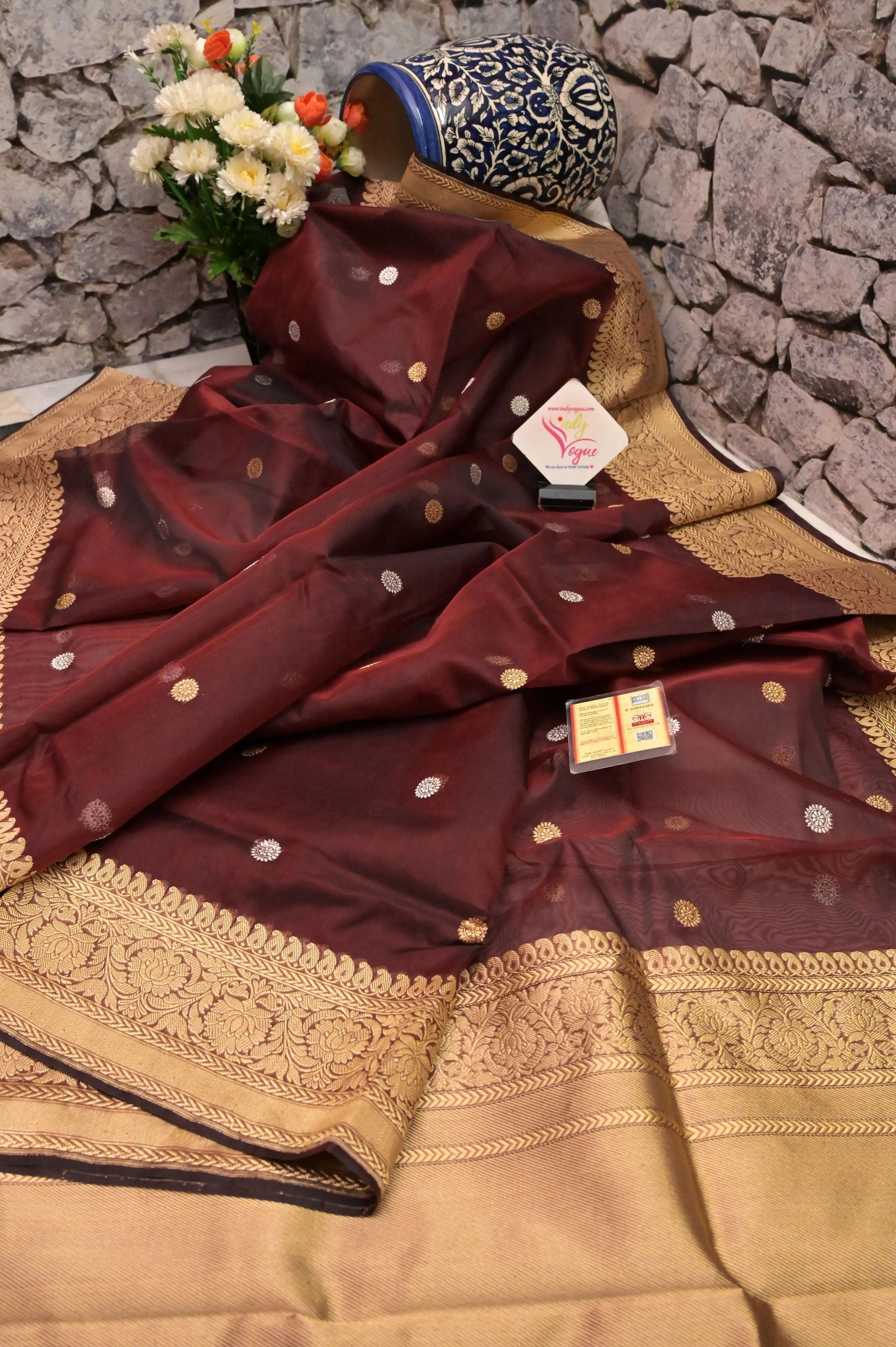 Belgian Chocolate Color Kora Organza Banarasi Saree