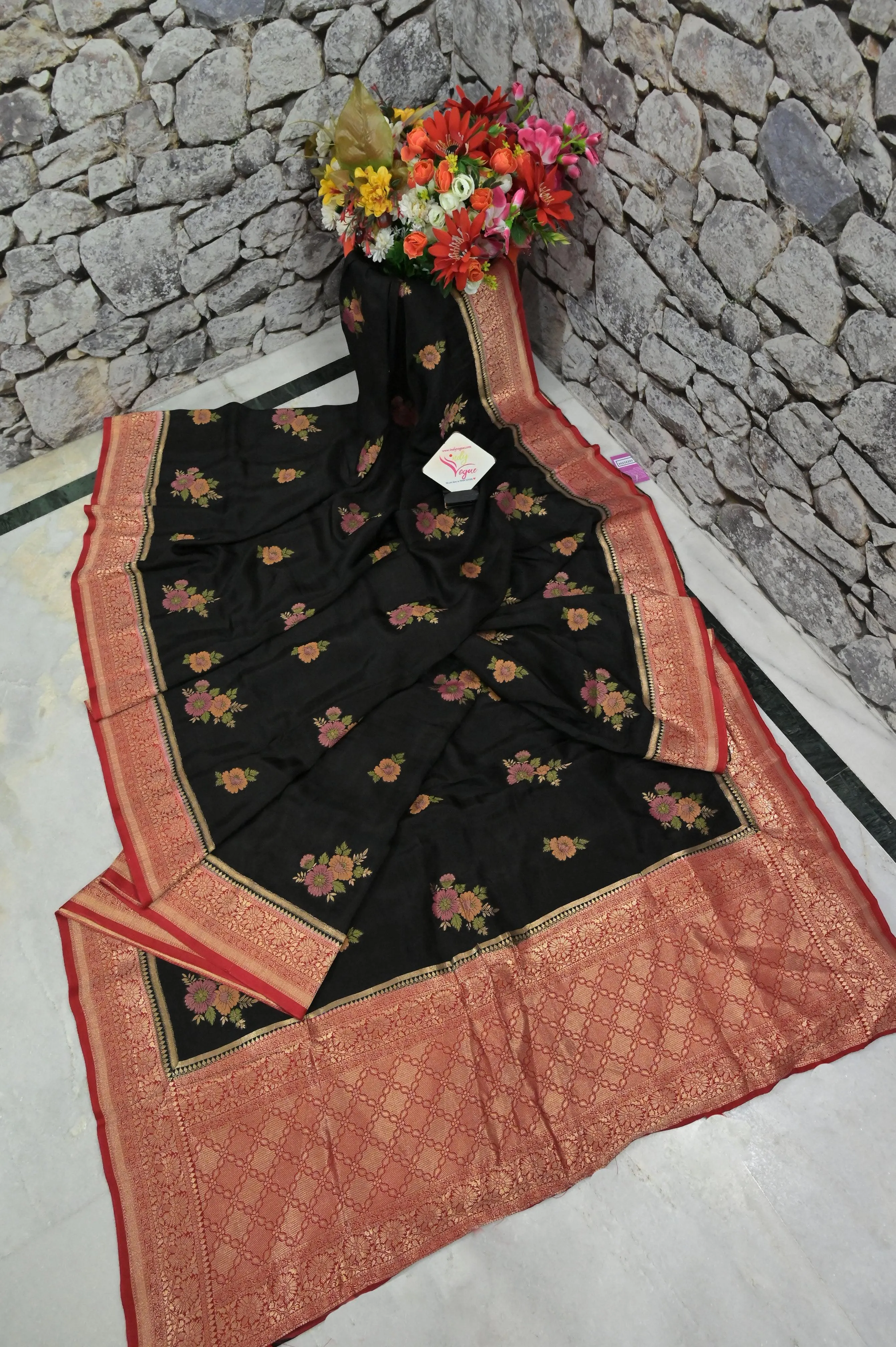 Black and Red Color Muga Banarasi with Allover Meenakari Buta and Golden Zari Border