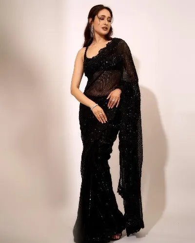 Black Georgette Designer Sequins Work Saree