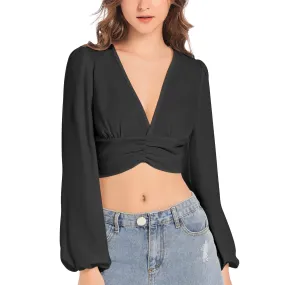 Black Women's Deep V-Neck Lantern Sleeve Crop Top