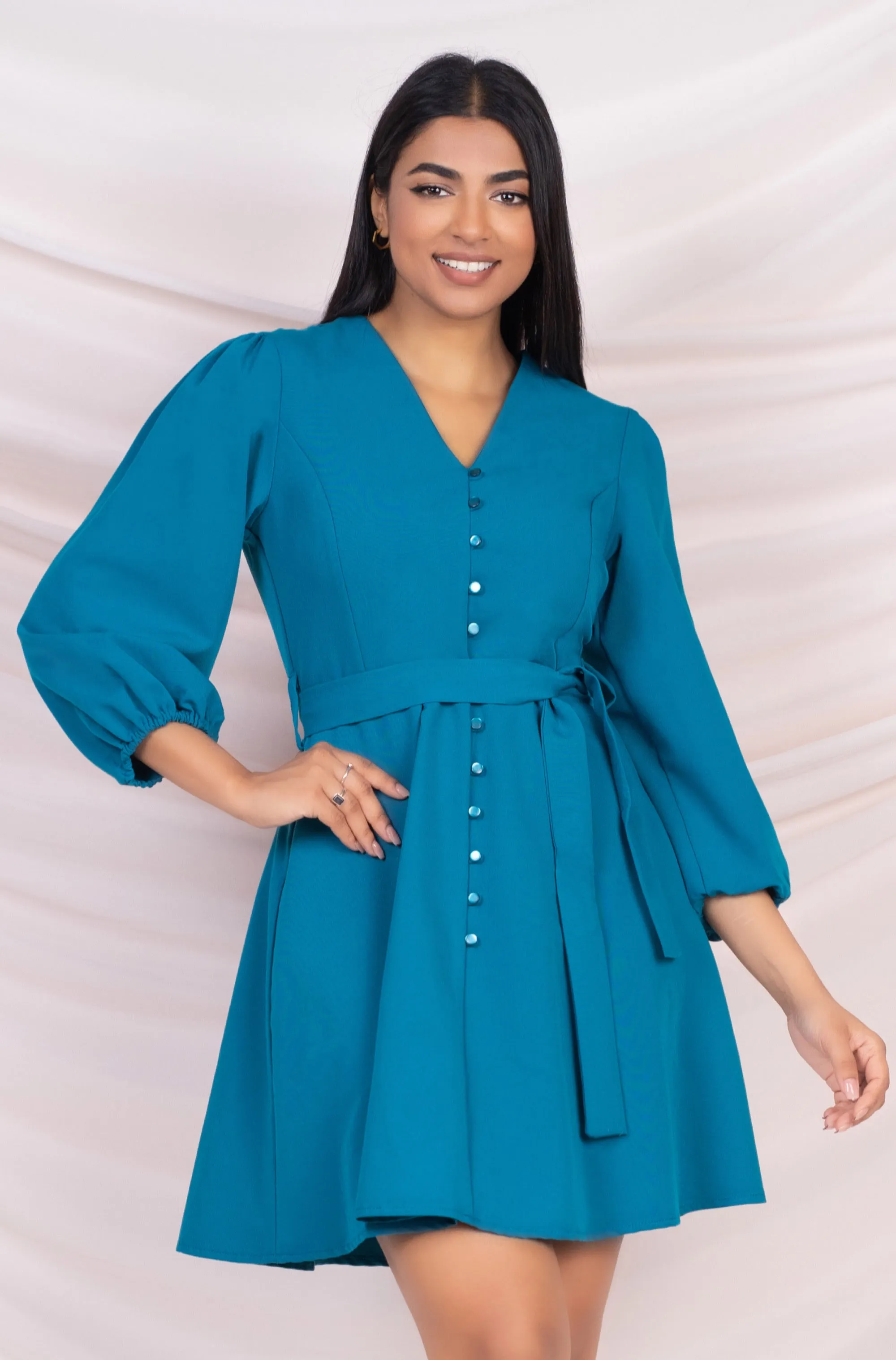 Blue Puff Sleeve Mini Dress