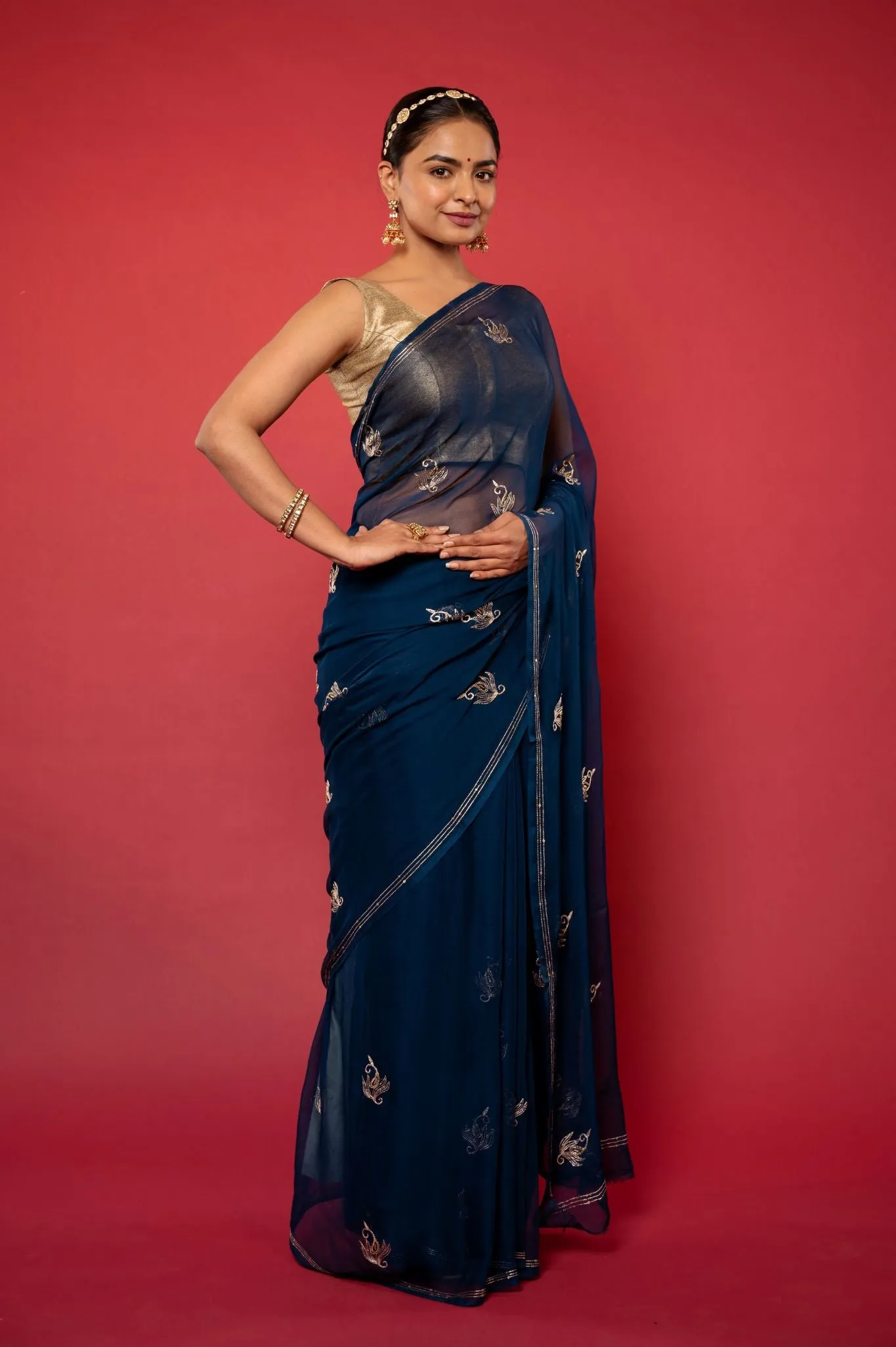 Blue Viscose Chiffon Aari work Saree