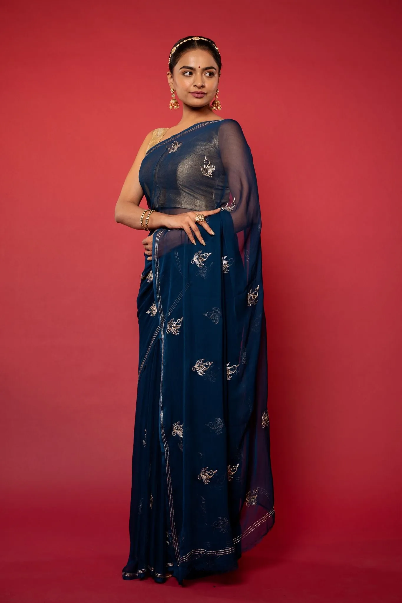 Blue Viscose Chiffon Aari work Saree