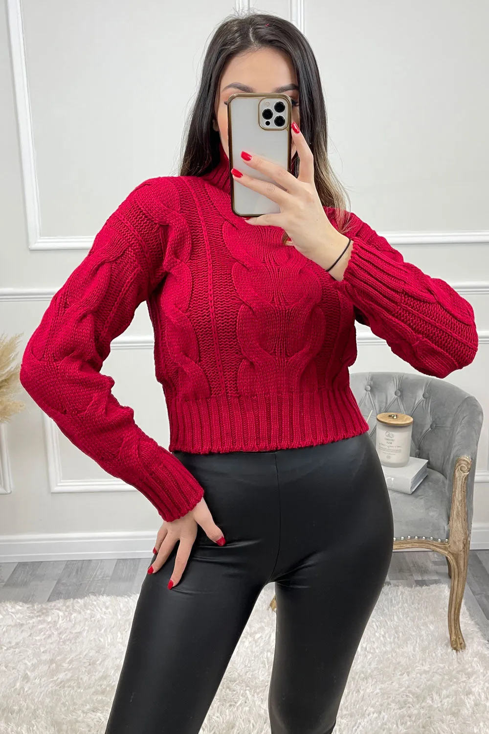 Connee Red High Neck Cable Knit Cropped Jumper