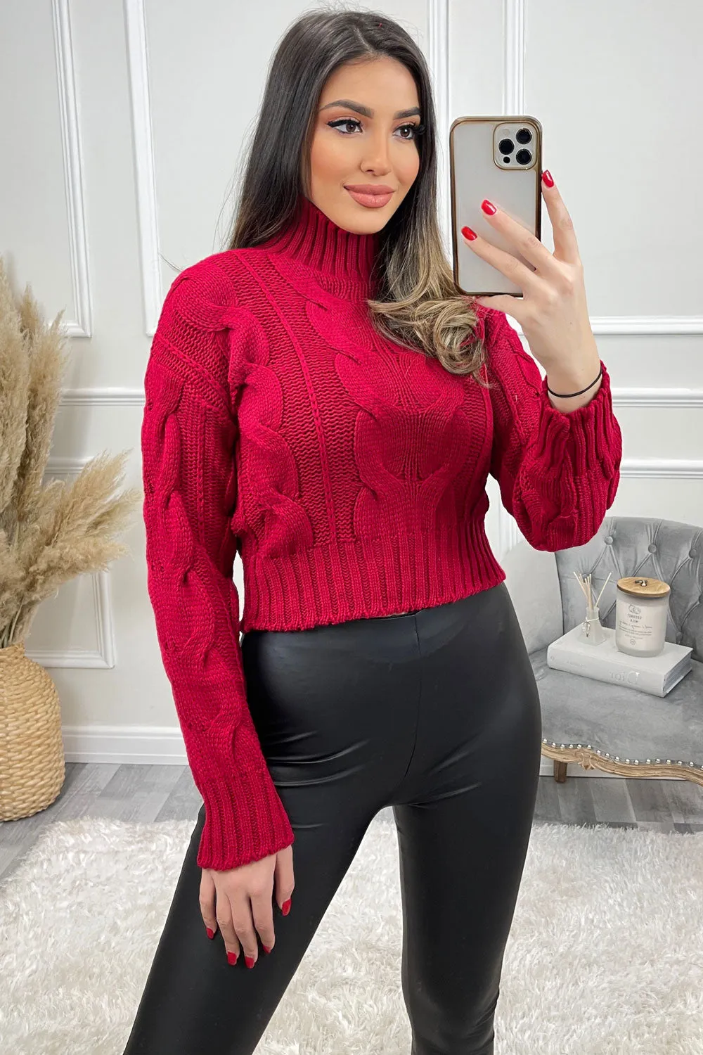 Connee Red High Neck Cable Knit Cropped Jumper