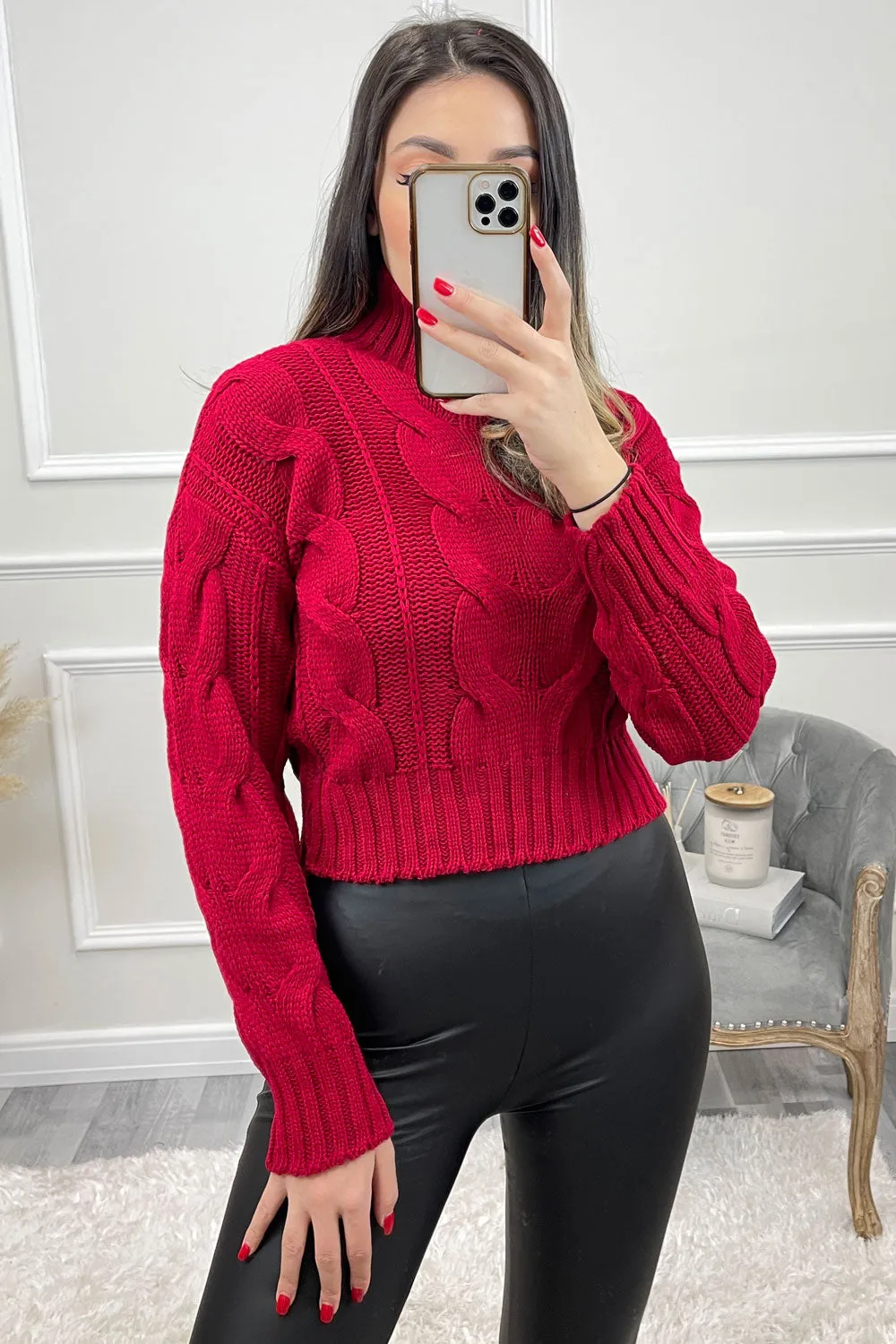 Connee Red High Neck Cable Knit Cropped Jumper