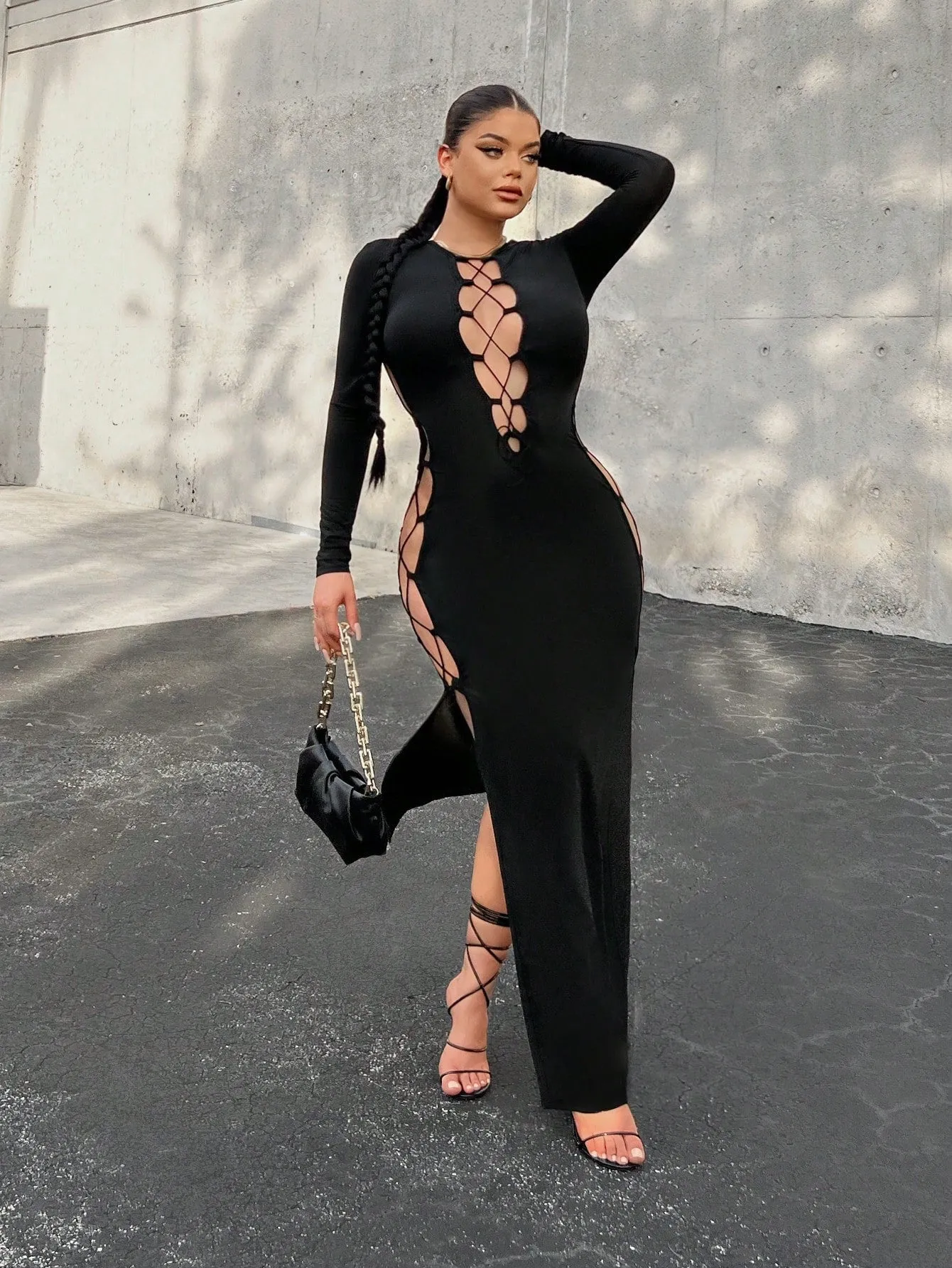 Cut Out Split Thigh Maxi Bodycon Dress