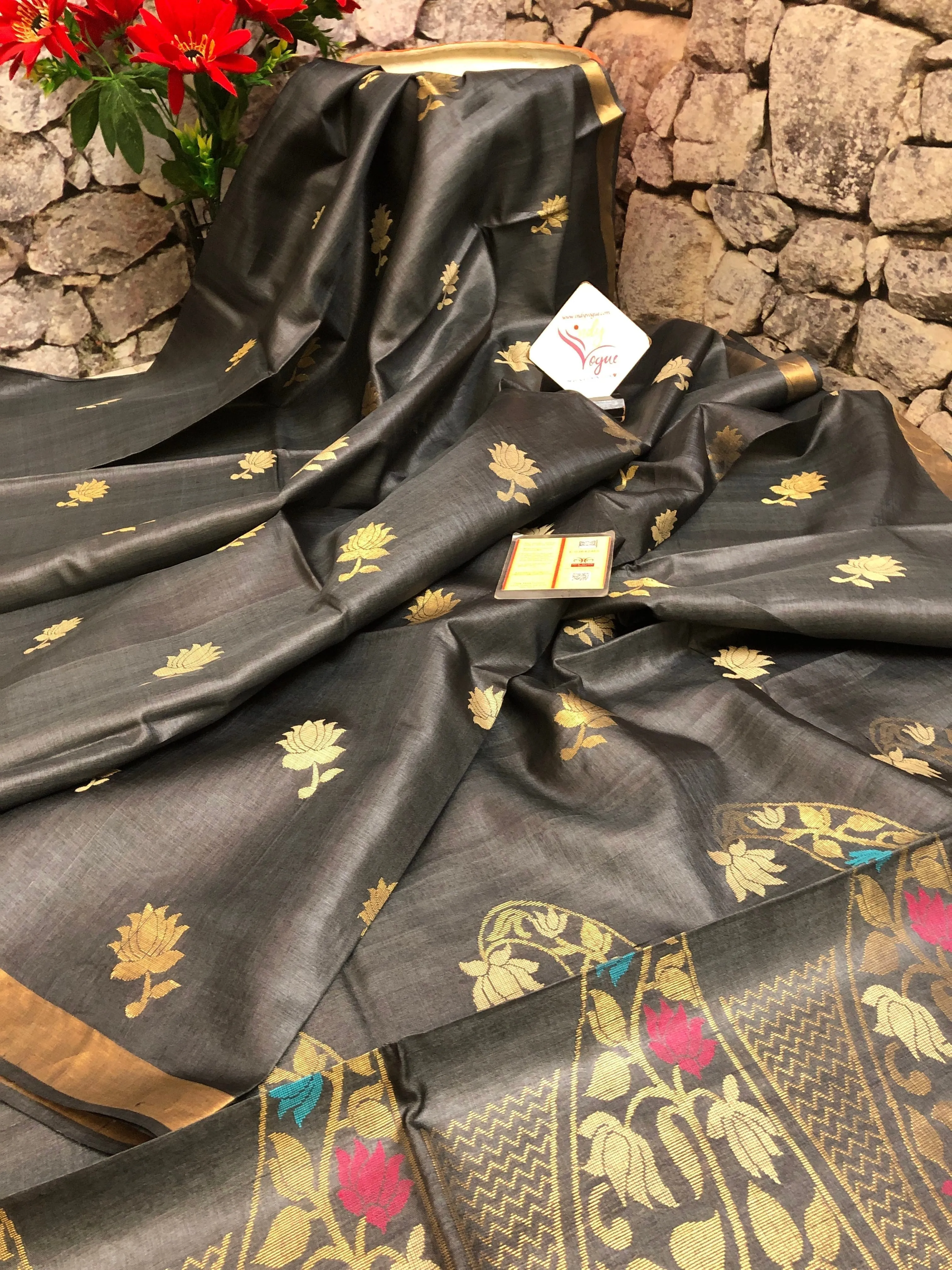 Deep Graphite Color Tussar Silk Saree with Meenakari Pallu