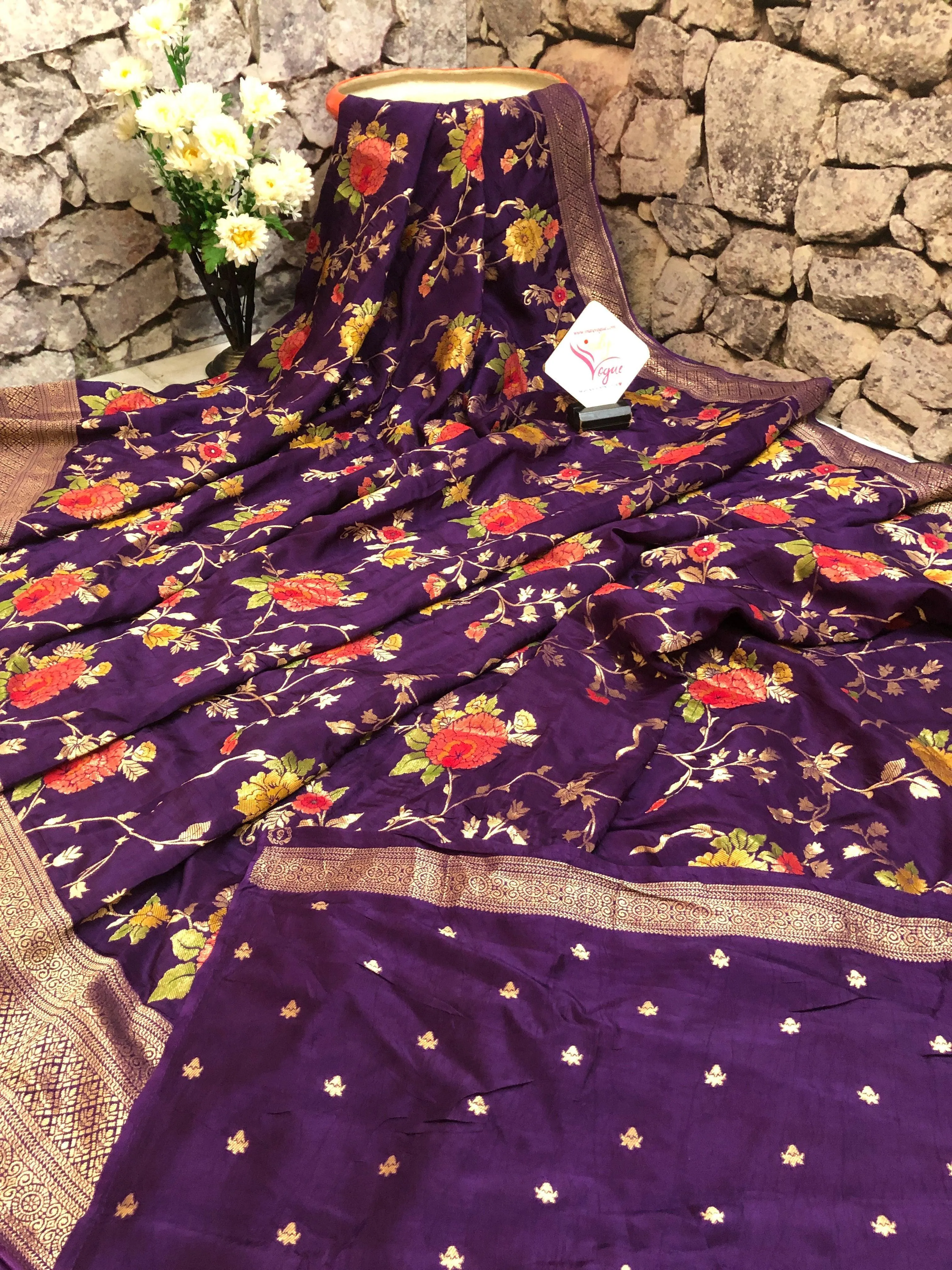 Deep Purple Color Designer Muga Silk Banarasi Saree with Allover Jaal Work