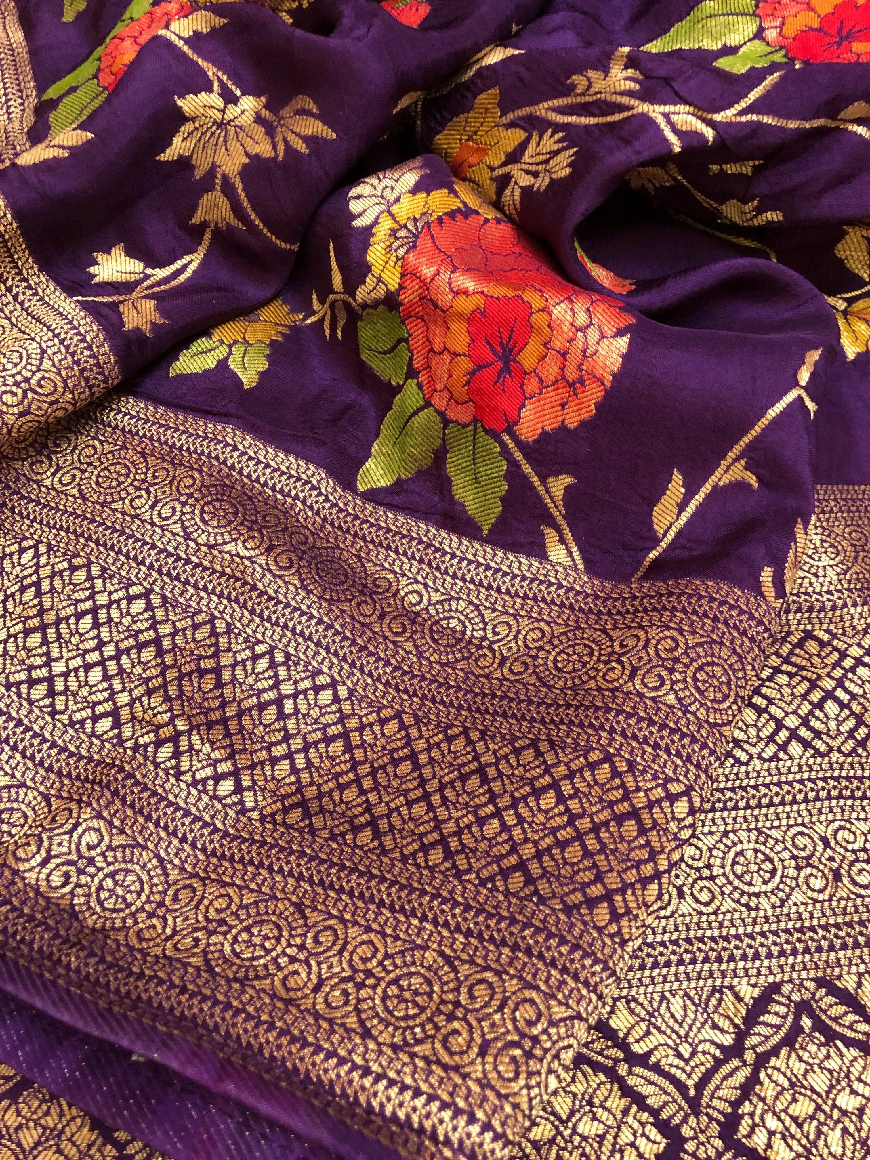 Deep Purple Color Designer Muga Silk Banarasi Saree with Allover Jaal Work