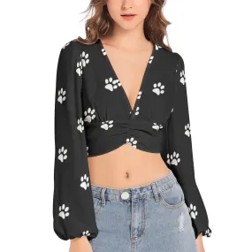 Dog Paws Women's Deep V-Neck Lantern Sleeve Crop Top