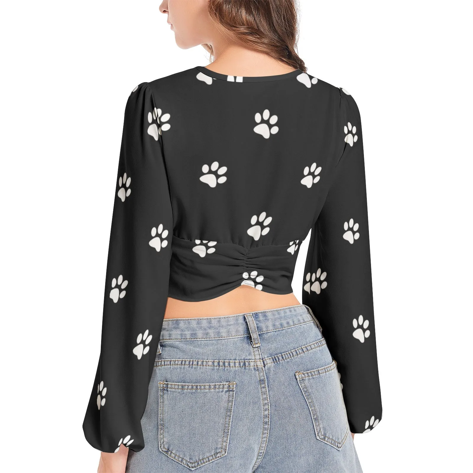 Dog Paws Women's Deep V-Neck Lantern Sleeve Crop Top