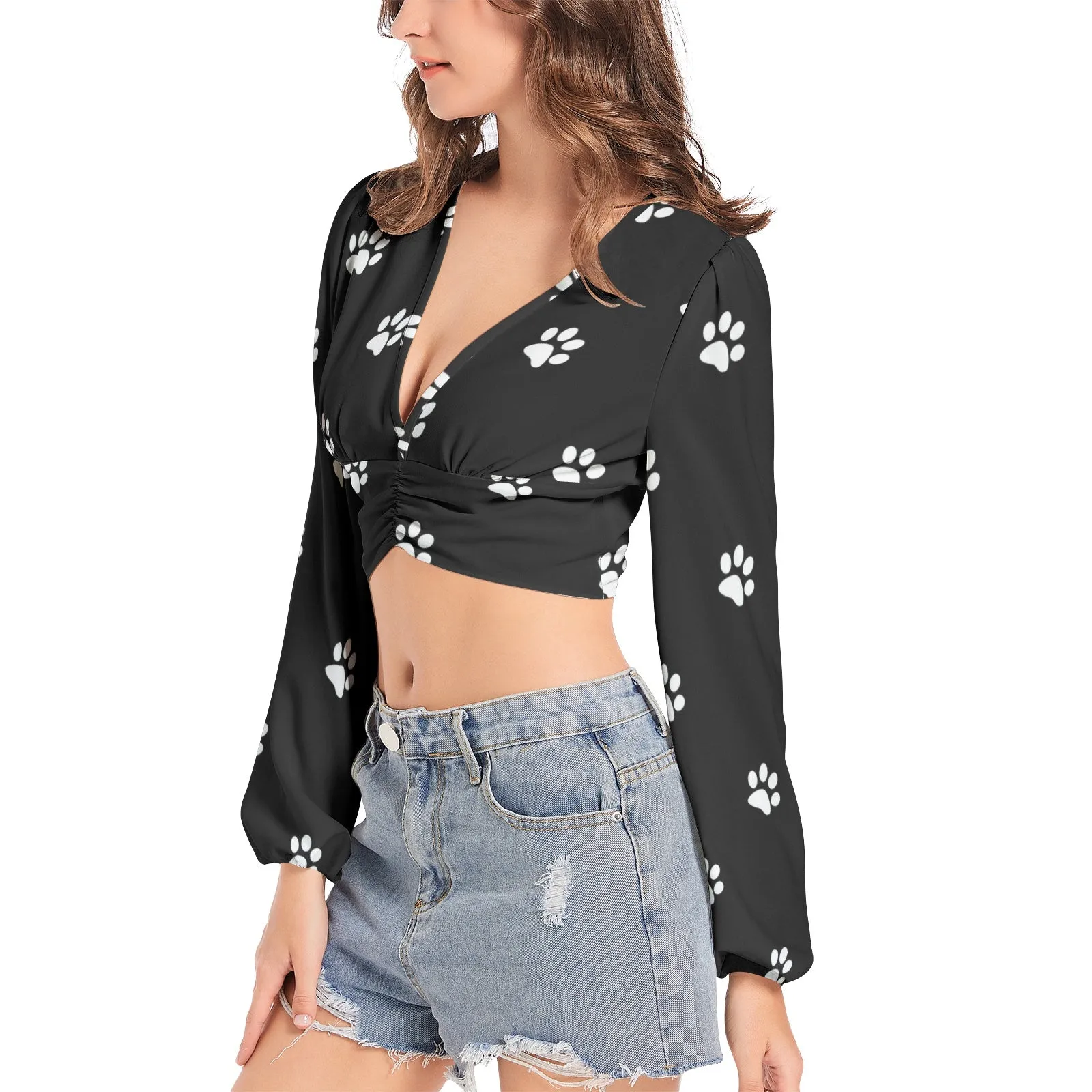 Dog Paws Women's Deep V-Neck Lantern Sleeve Crop Top