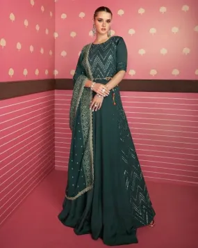 Embroidered Georgette Gown with Dupatta Green