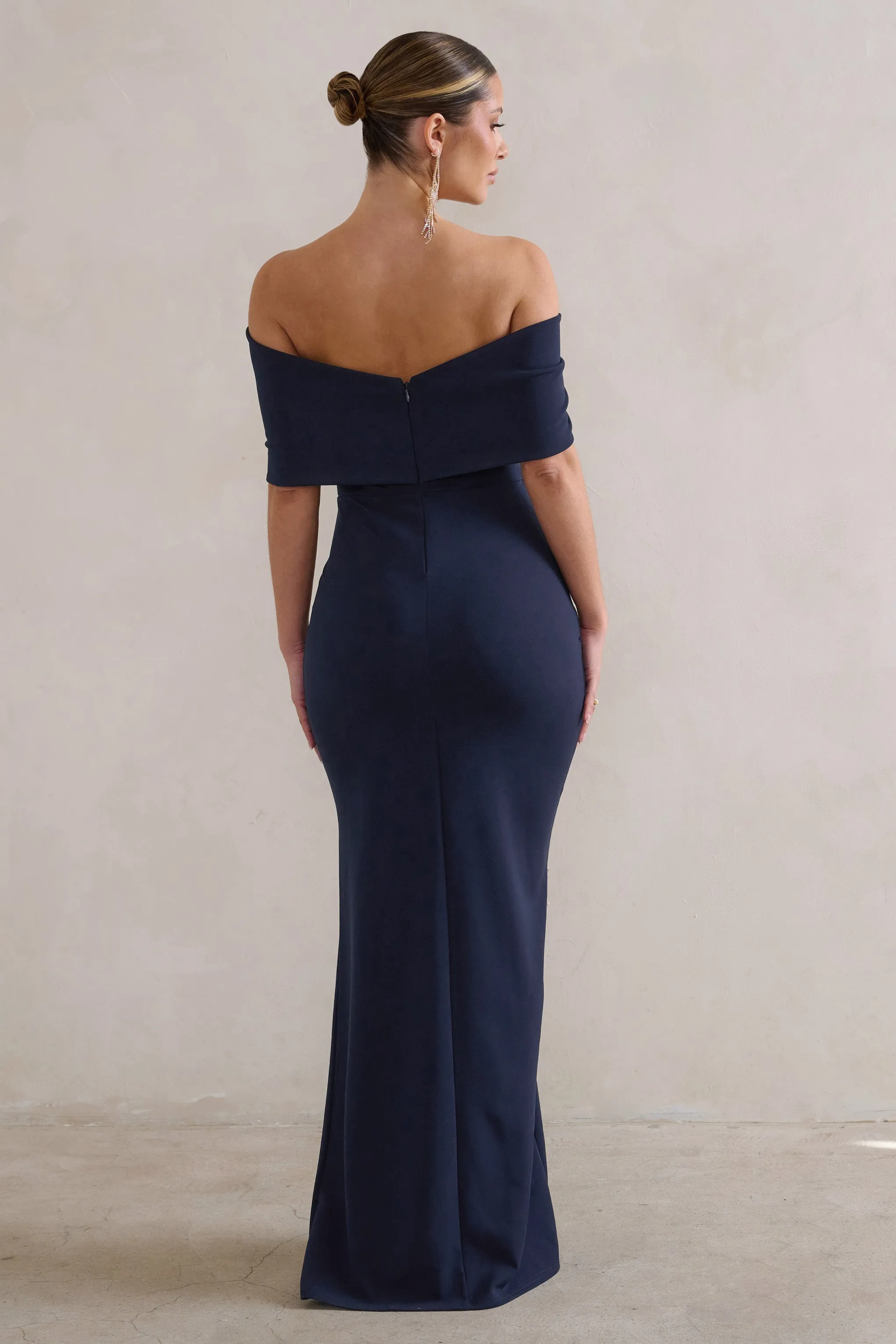 Eva | Navy Bardot Bow Detail Maxi Dress With Thigh Split