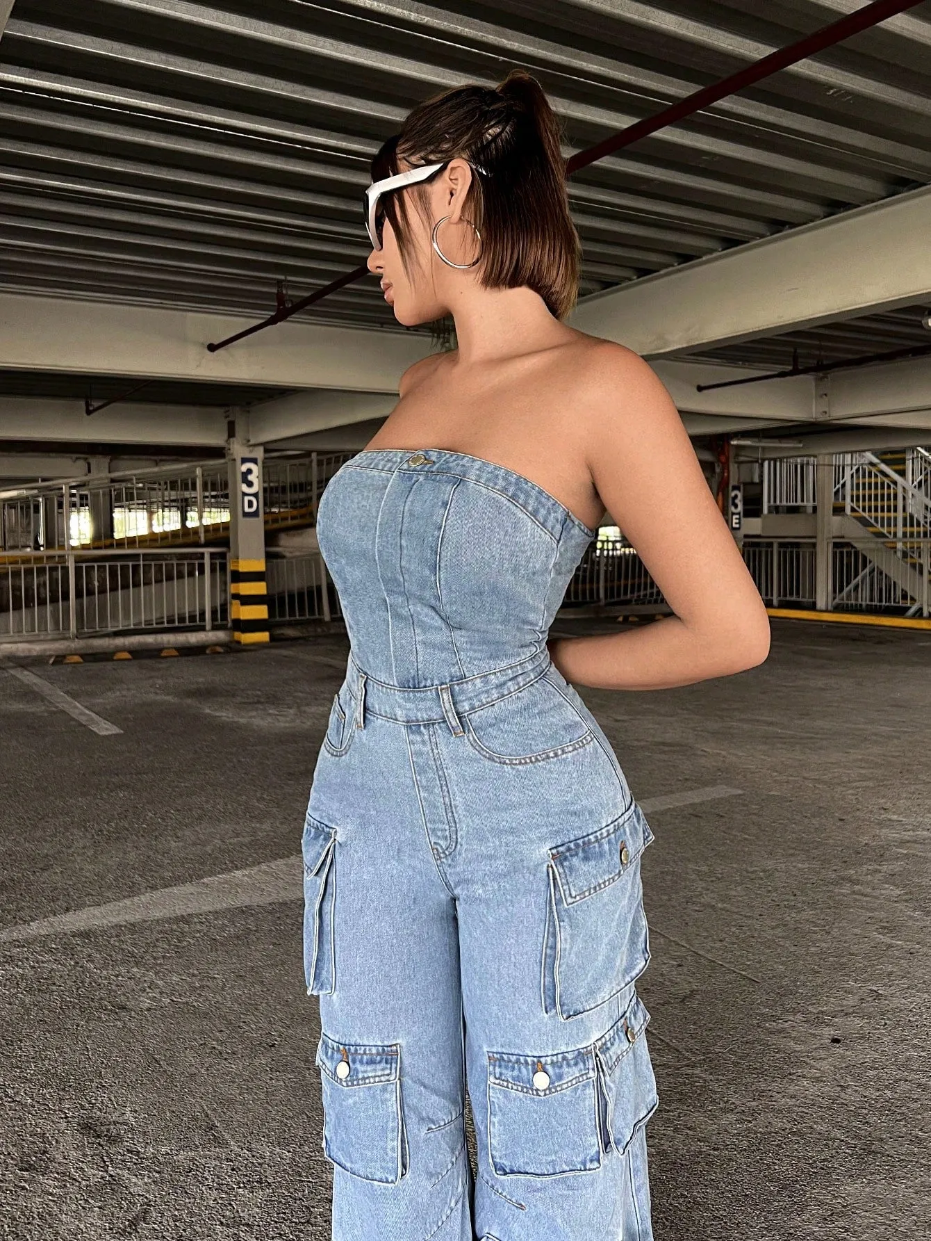 Flap Pocket Side Denim Tube Jumpsuit