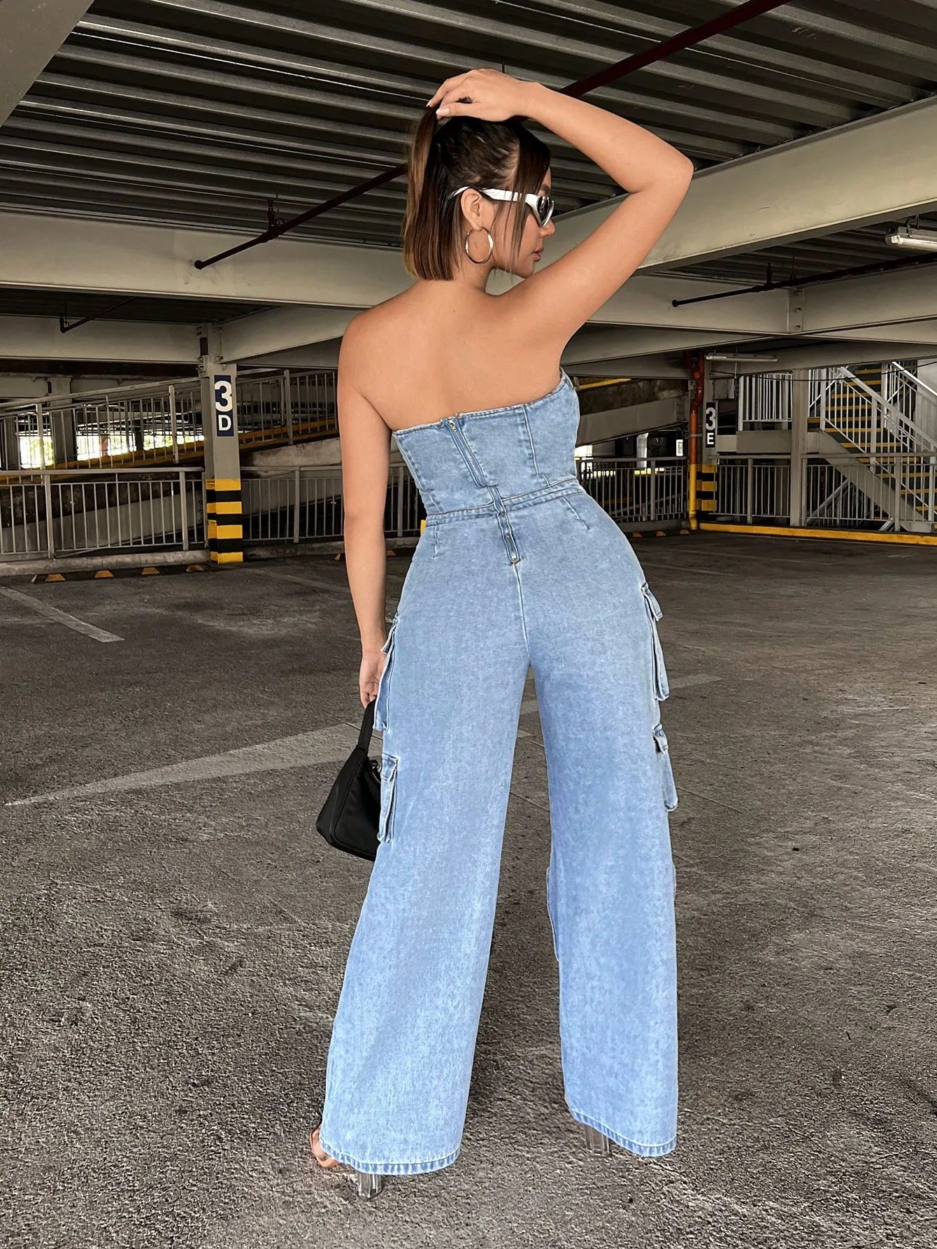 Flap Pocket Side Denim Tube Jumpsuit