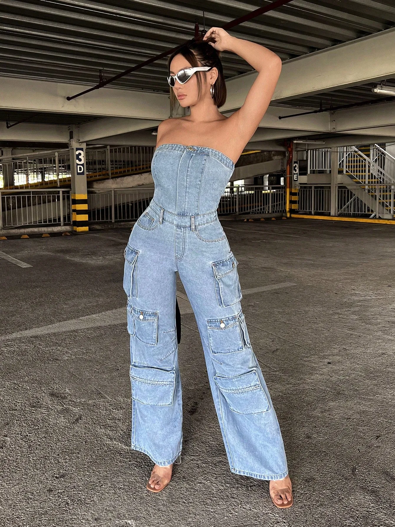 Flap Pocket Side Denim Tube Jumpsuit