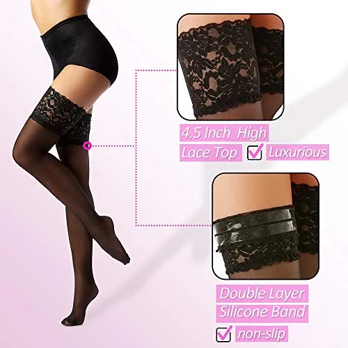 G&Y Thigh High Stockings with Silicone - 15D Sheer Lace Top Nylon Stay Up Pantyhose for Women