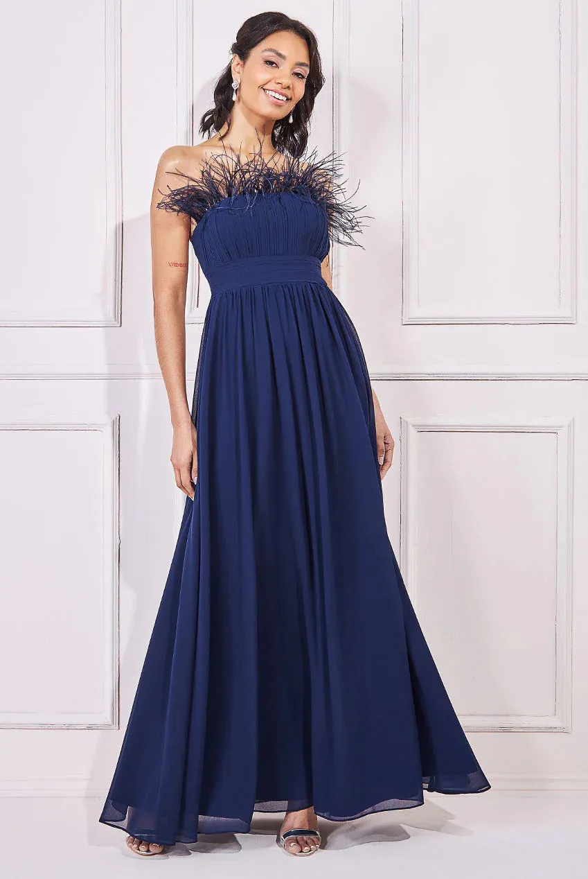 Goddiva Chiffon Feather Bandeau Maxi Dress