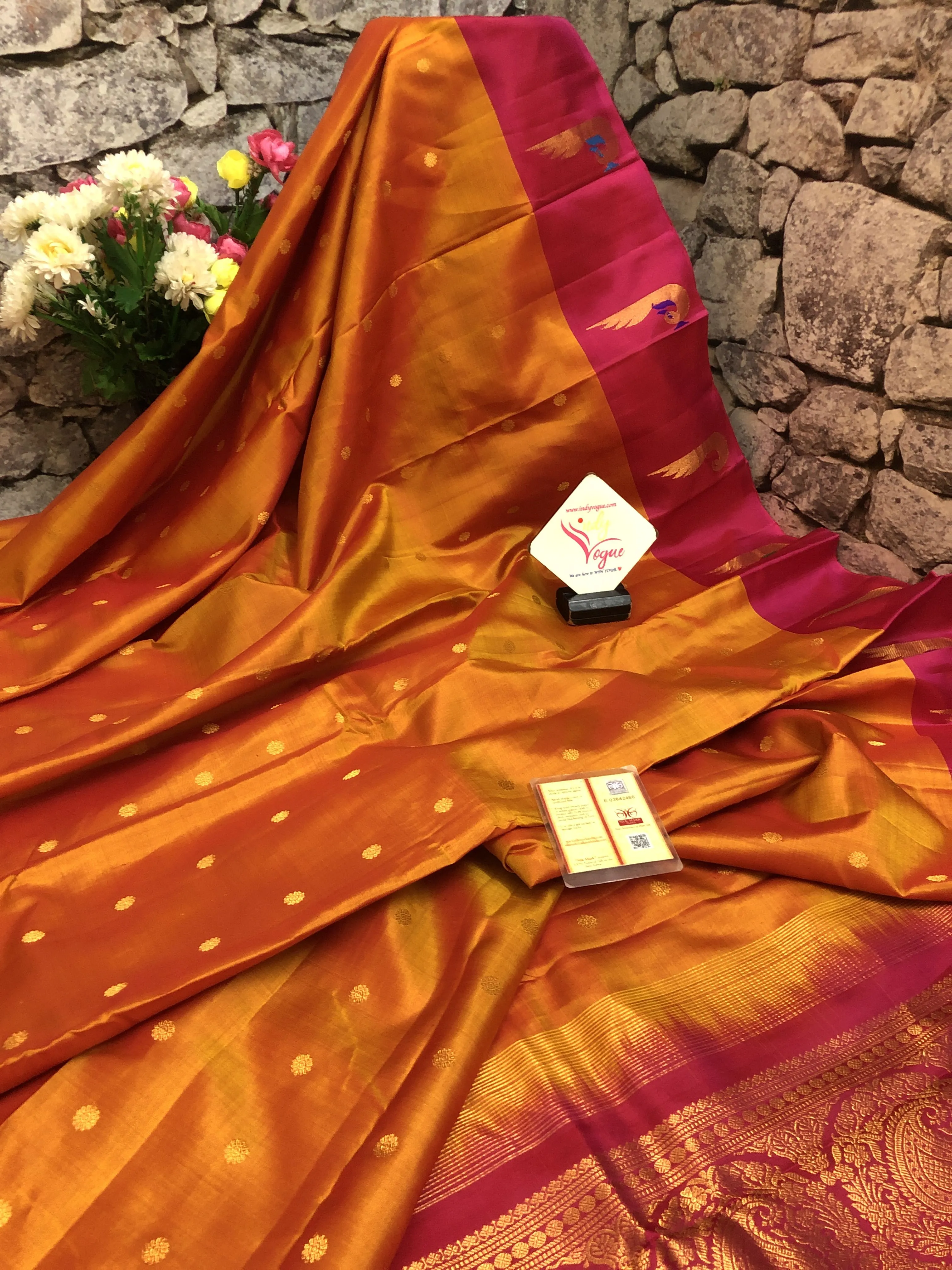 Golden Orange and Magenta Color Pure Gadwal Silk Saree