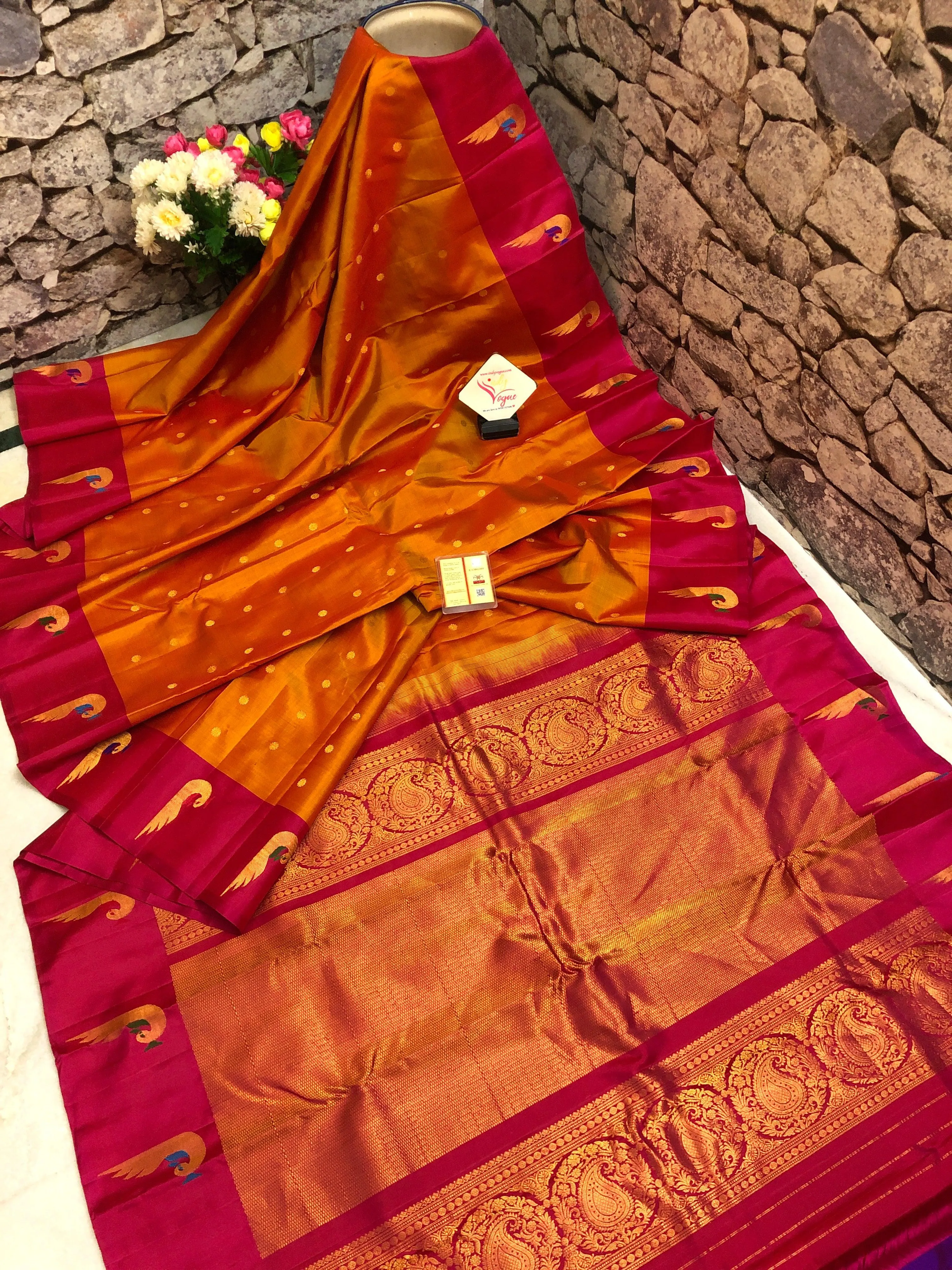 Golden Orange and Magenta Color Pure Gadwal Silk Saree