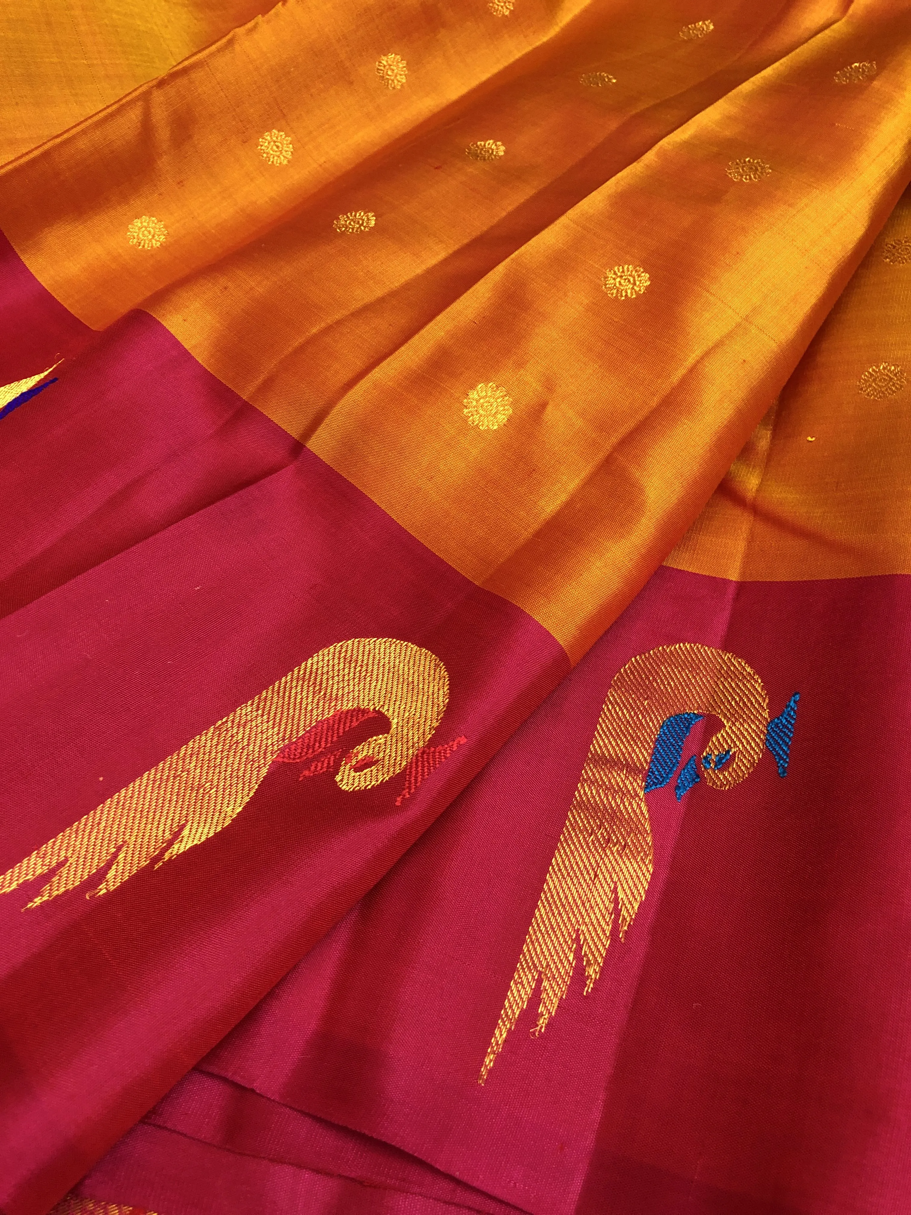 Golden Orange and Magenta Color Pure Gadwal Silk Saree