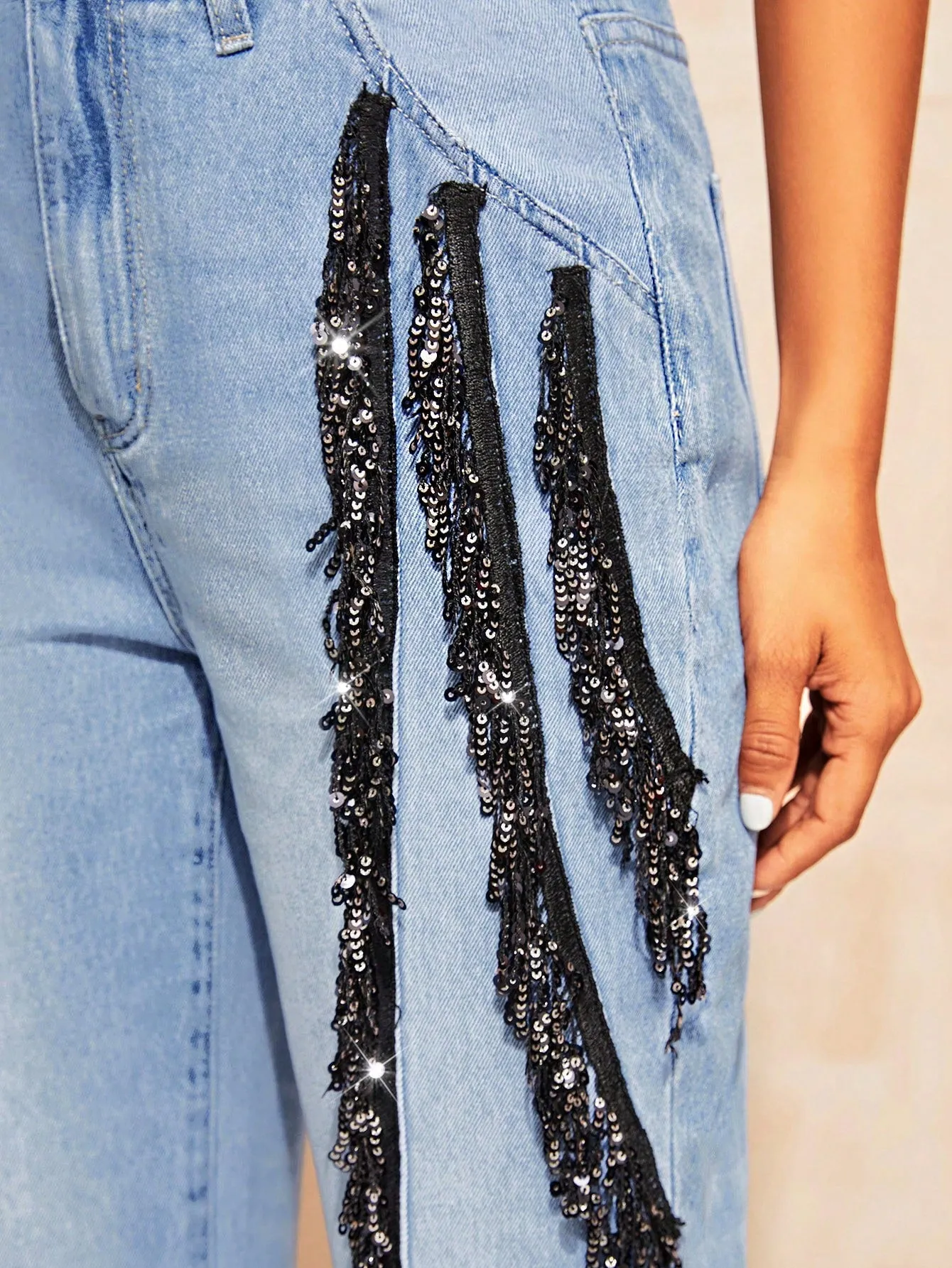 High Waist Sequin Fringe Trim Mom Fit Jeans