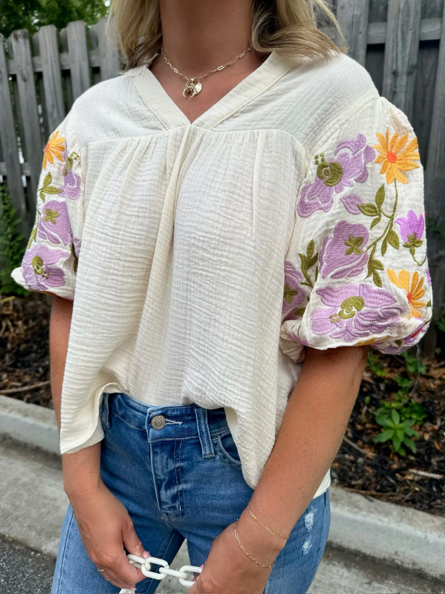 I had Some Help Embroidered Puff Sleeve V Neck Top