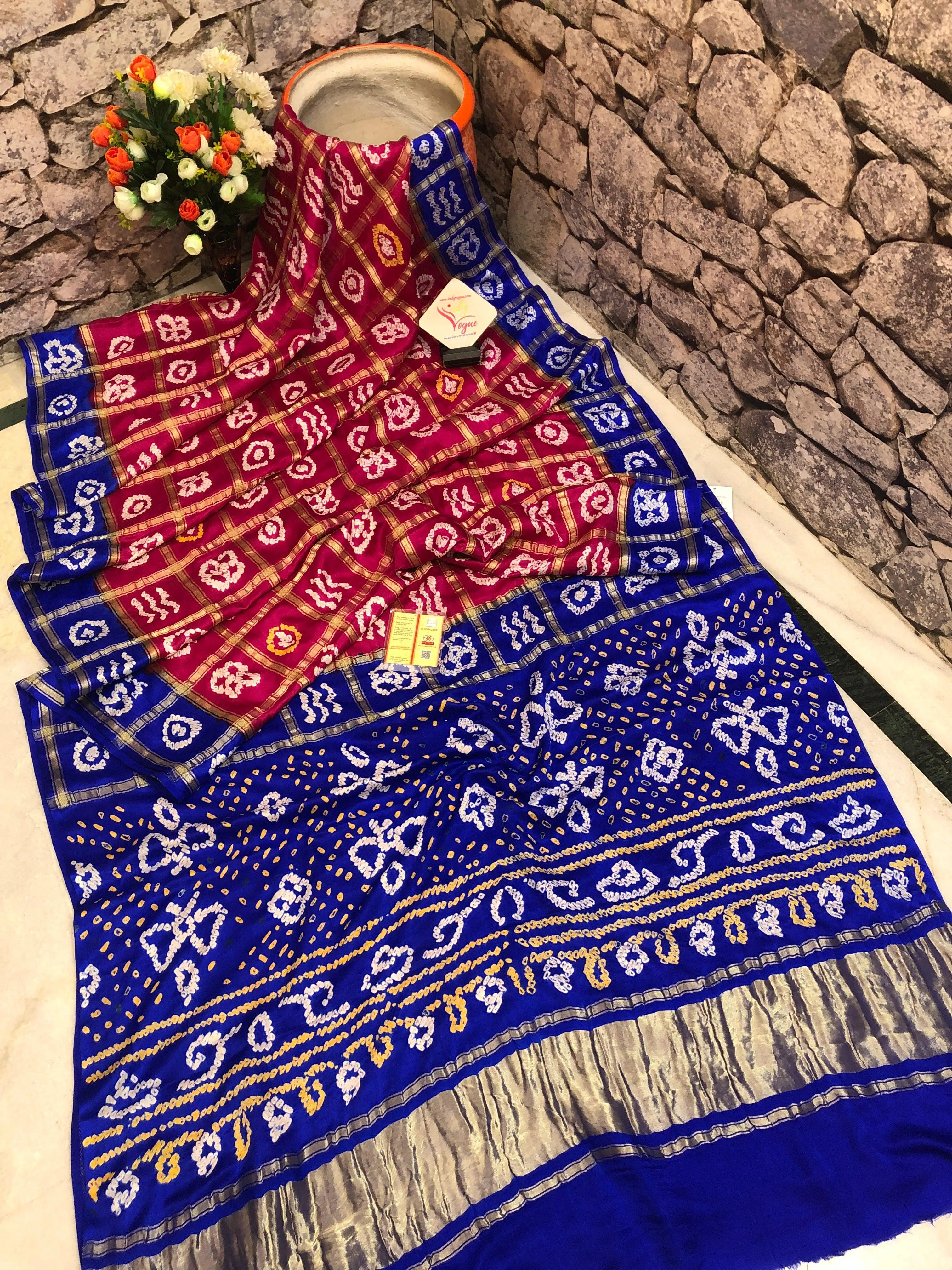 Indigo Blue and Rani Color Pure Ghazi Silk Gharchola Saree with Hand Bandhej Work