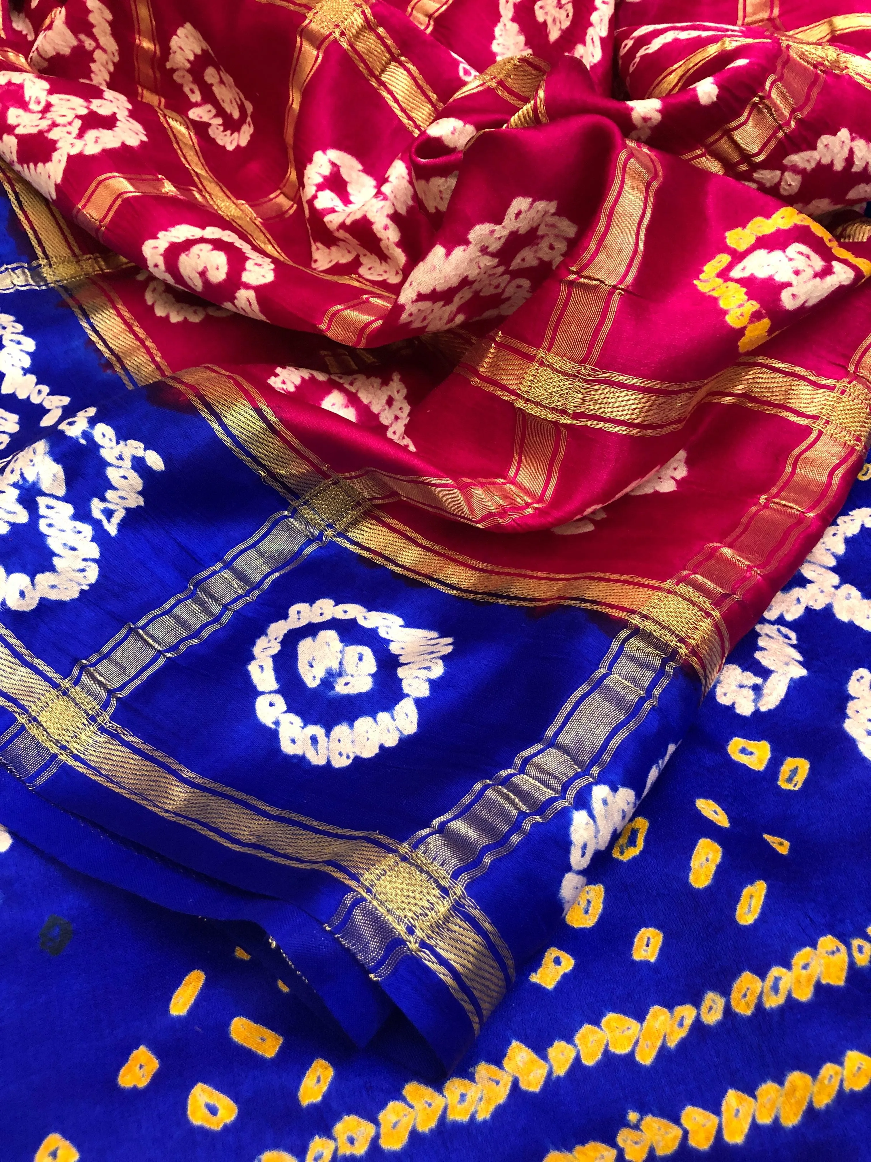 Indigo Blue and Rani Color Pure Ghazi Silk Gharchola Saree with Hand Bandhej Work