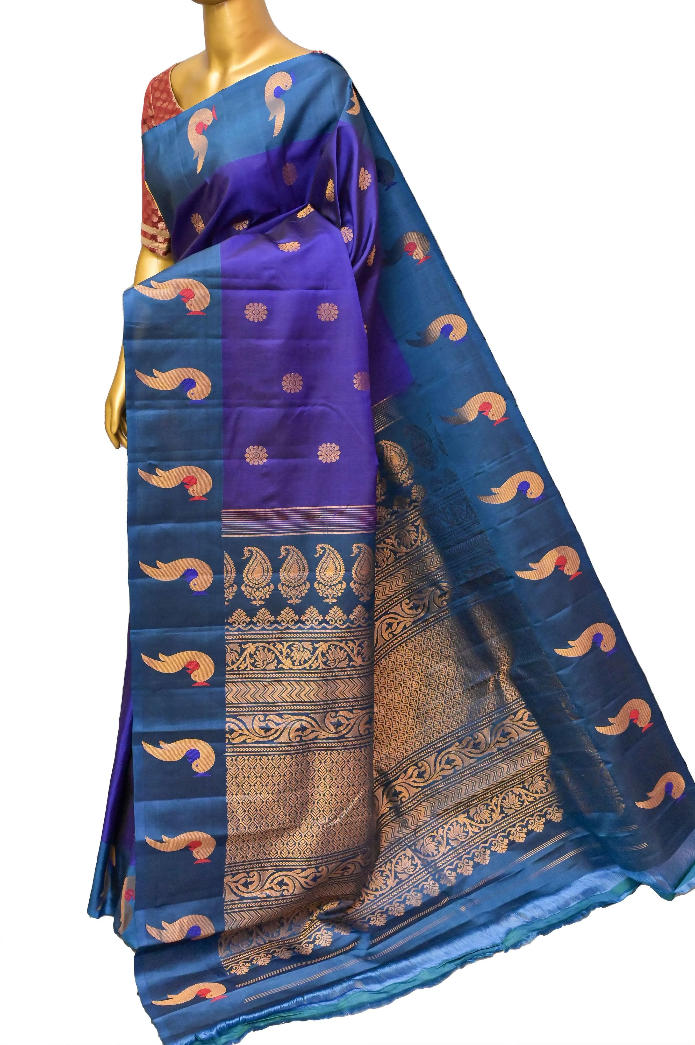 Indigo Blue Color Pure Gadwal Silk Saree with Meenakari and Paithani Design Border