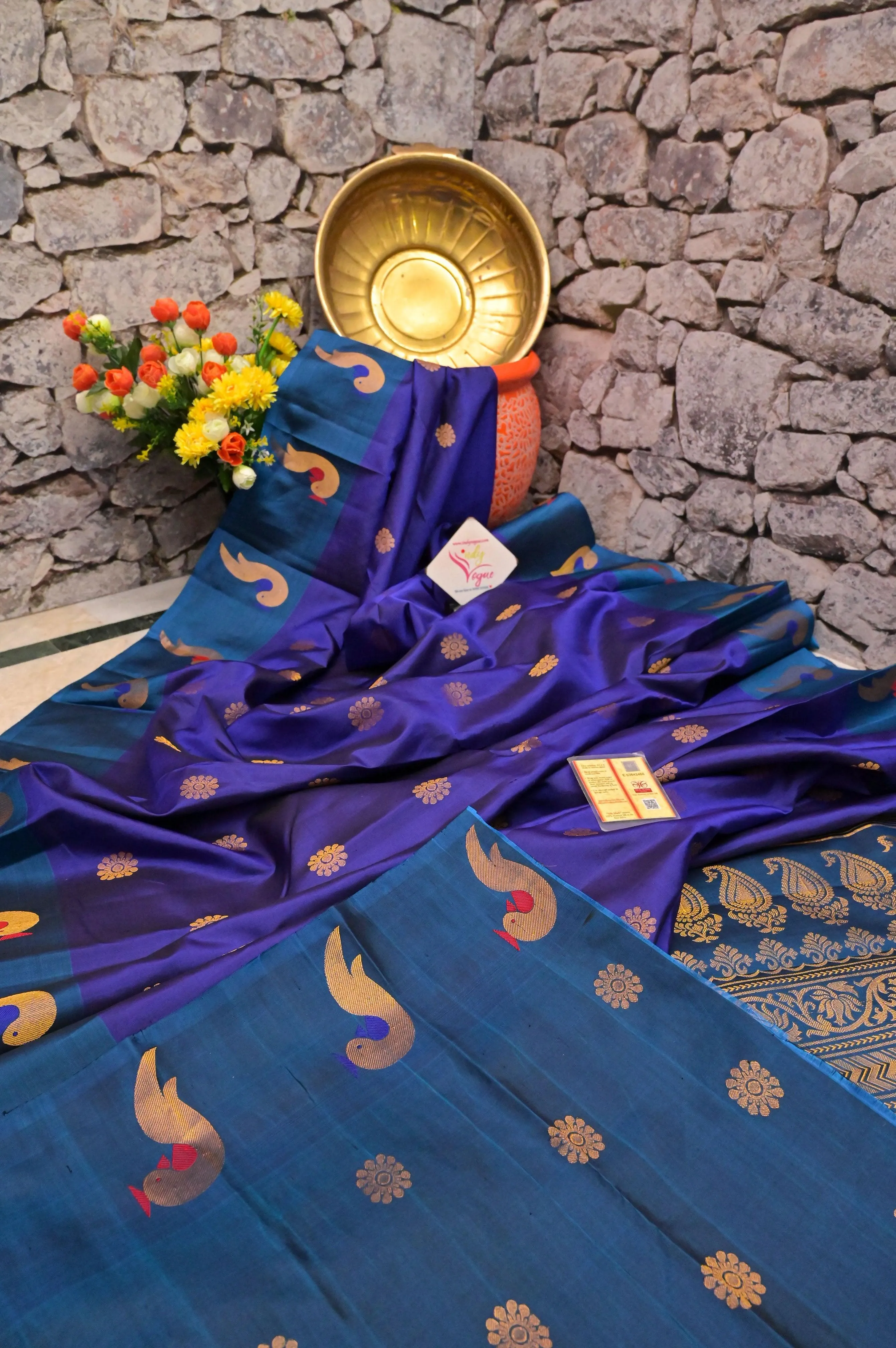 Indigo Blue Color Pure Gadwal Silk Saree with Meenakari and Paithani Design Border