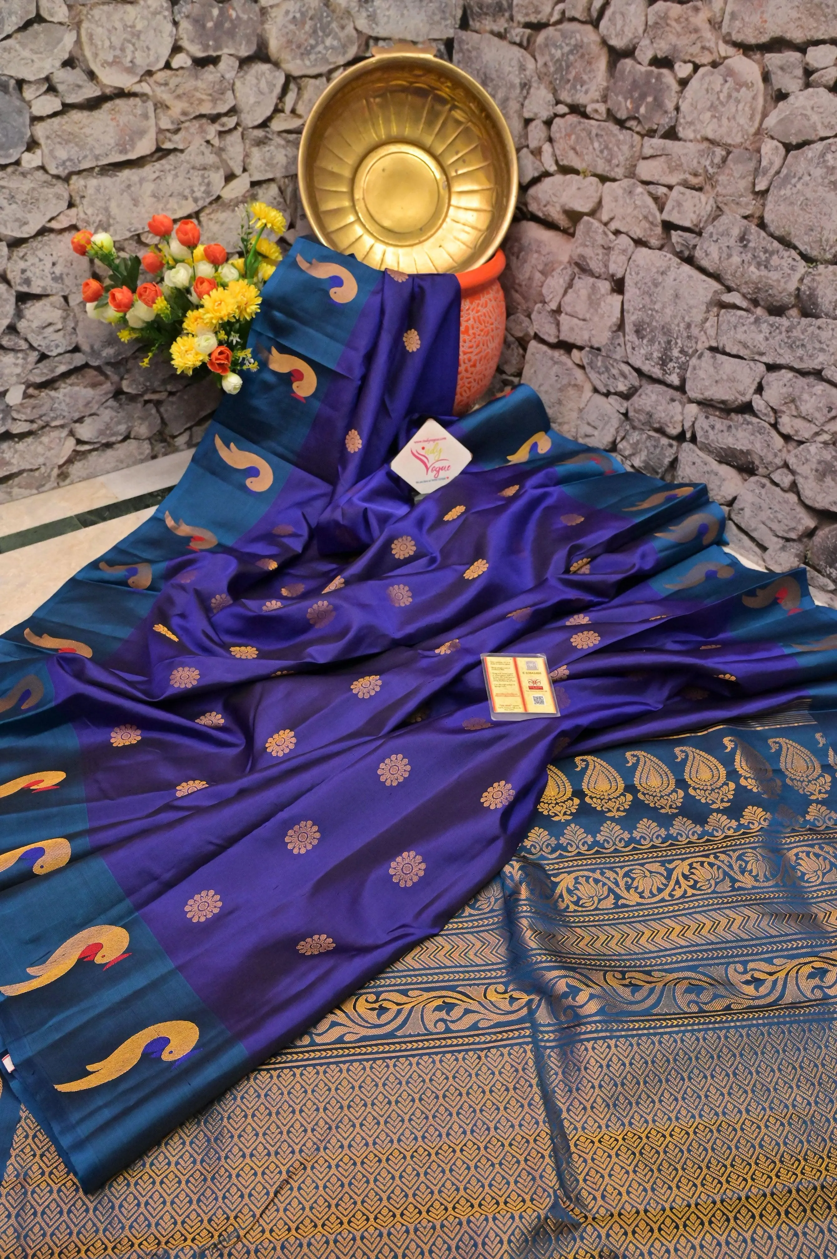 Indigo Blue Color Pure Gadwal Silk Saree with Meenakari and Paithani Design Border