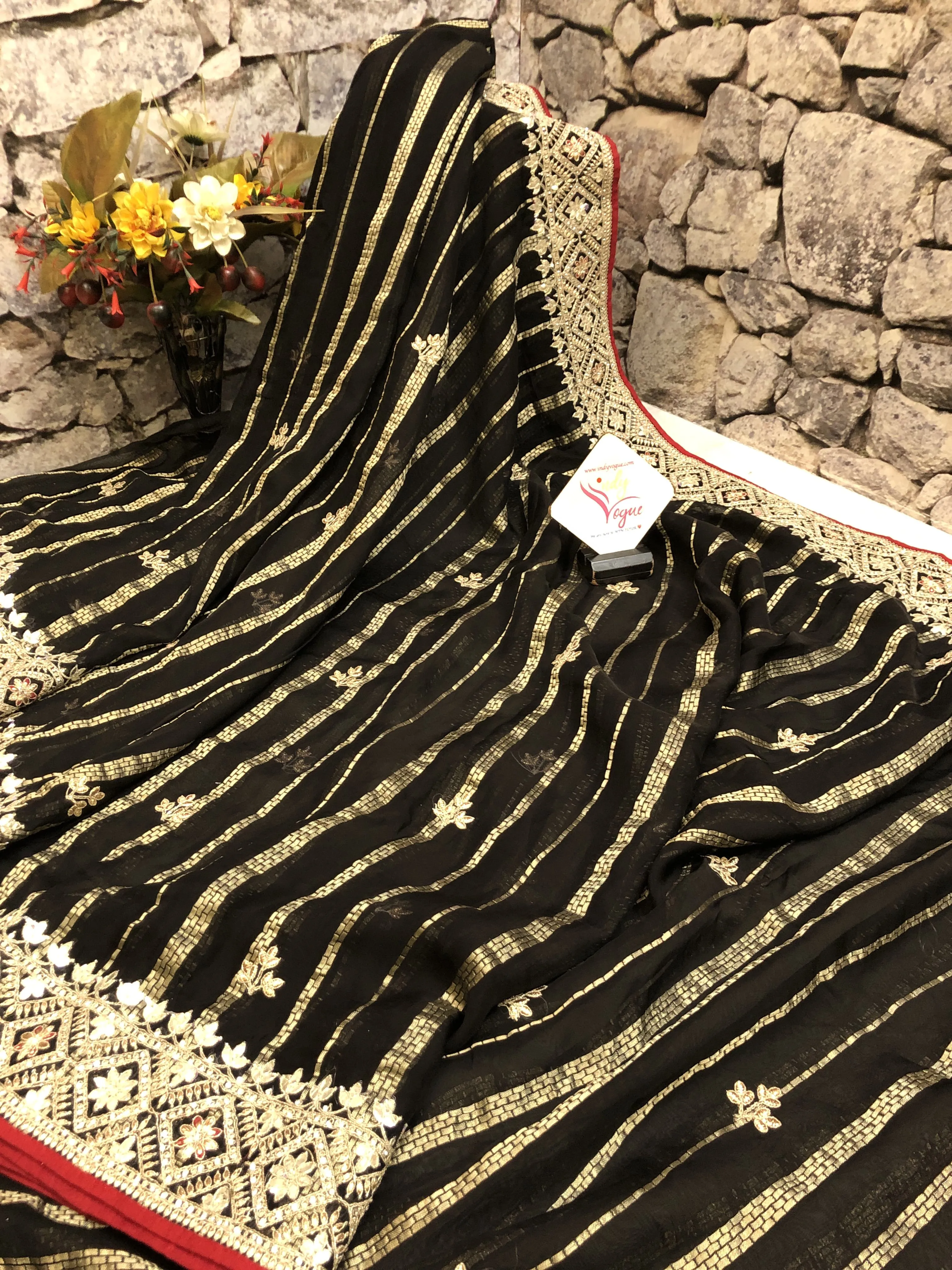 Jet Black Color Organza Saree with Gotapatti & Zardozi Work