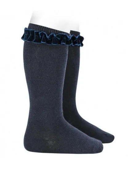 Knee socks with velvet ruffle cuff NAVY BLUE