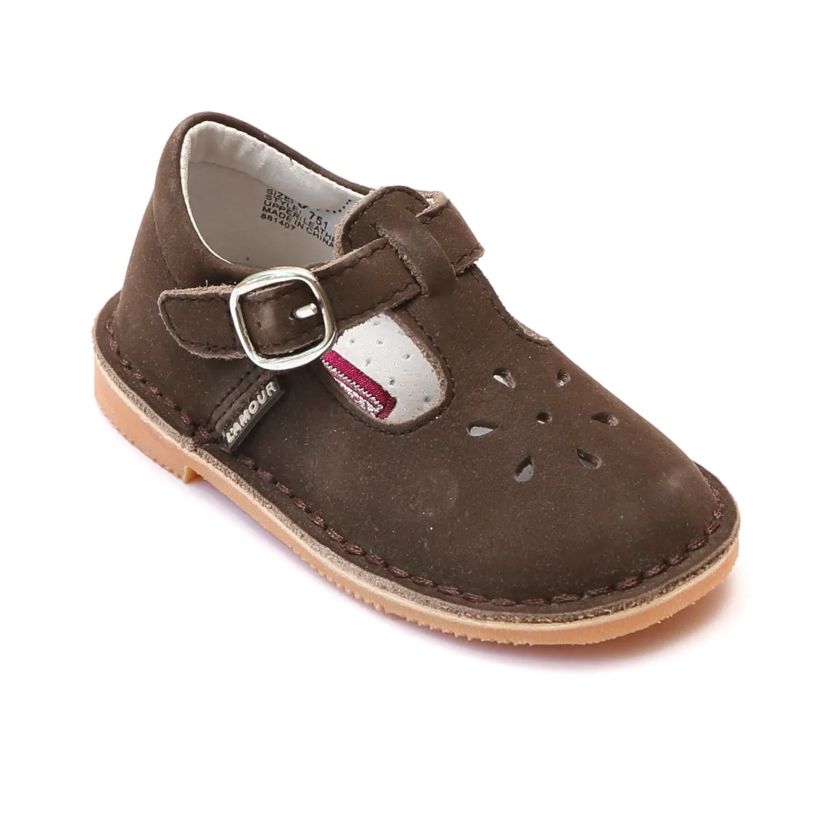 L'Amour Girls Classic 751 Nubuck Brown Leather Mary Janes