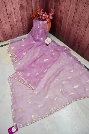 Lavender Color Oragnza Saree with Allover Hand Work with Pearl and Sequin with Foil Print