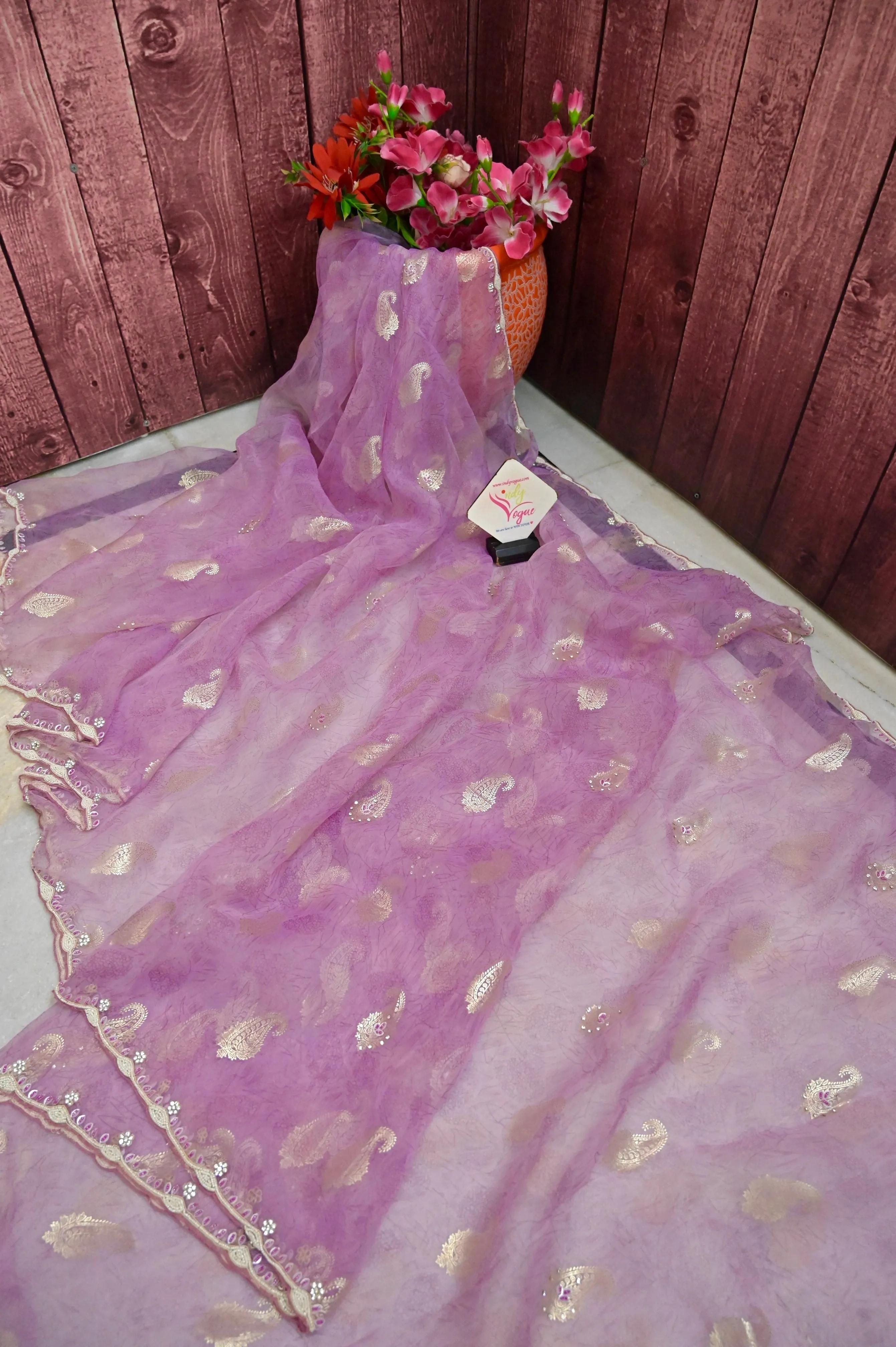 Lavender Color Oragnza Saree with Allover Hand Work with Pearl and Sequin with Foil Print